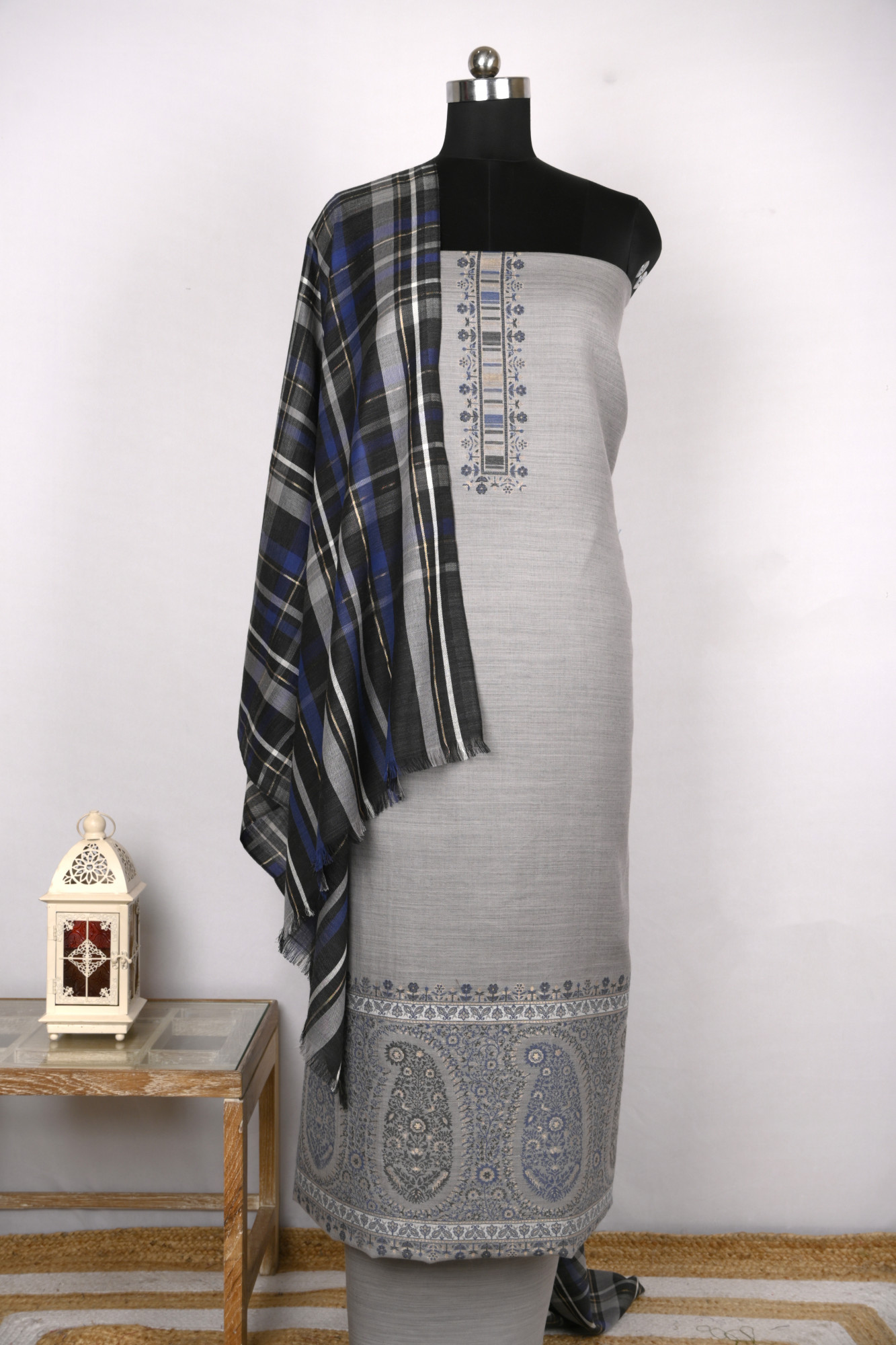 Grey Pashmina Suit set with Pashmina Dupatta- PASH1411C