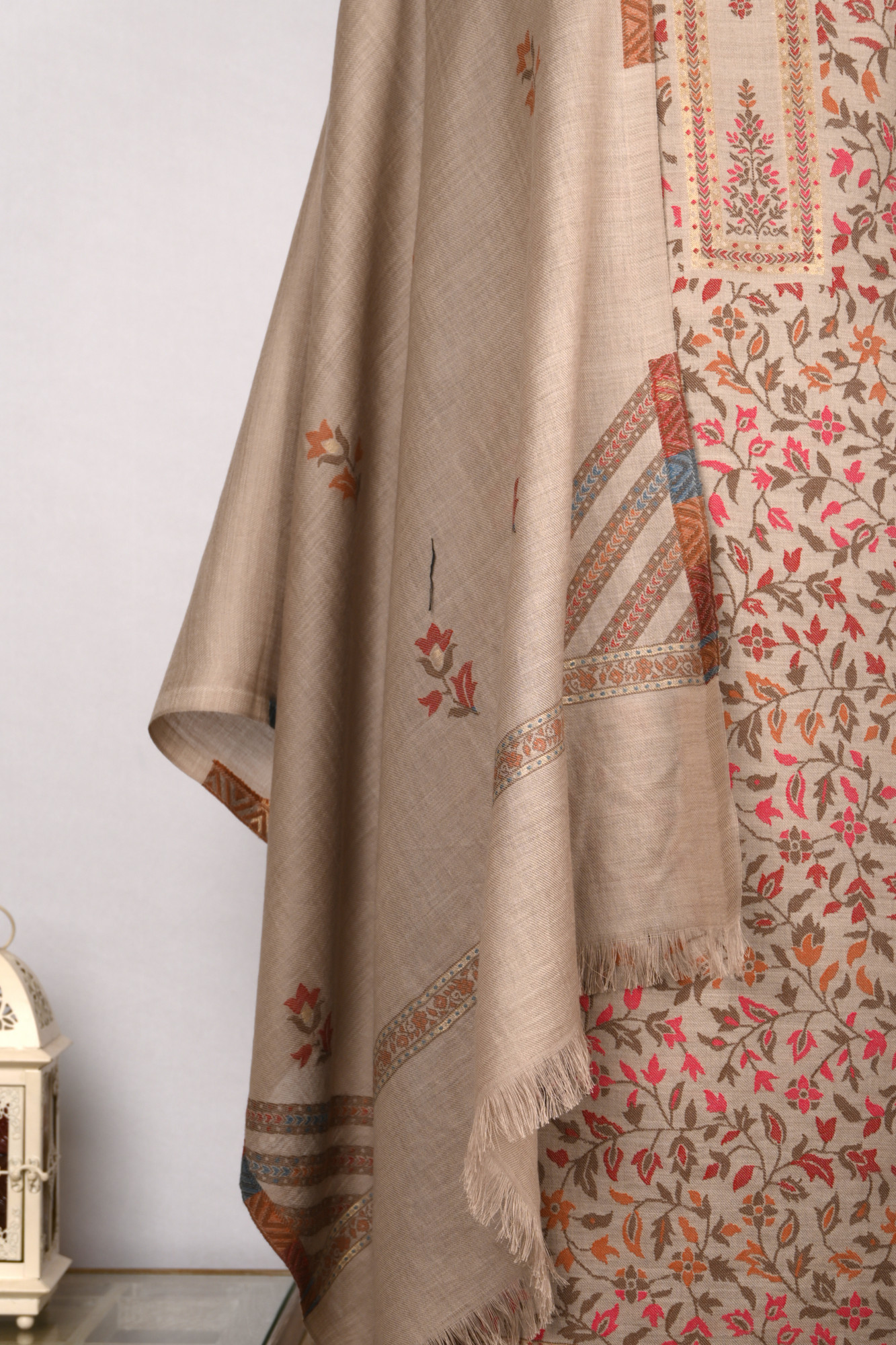 Beige Pashmina Suit set with Pashmina Dupatta- PASH1412C