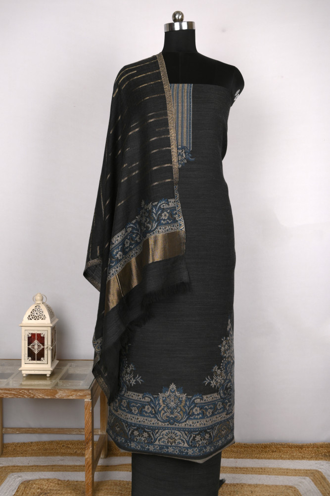 Image of Black Pashmina Suit set with Pashmina Dupatta- PASH1413C