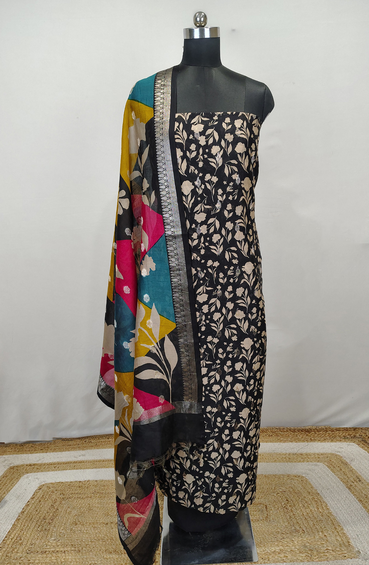 Black Beautiful Maheshwari Unstitched Suit with Dupatta - 1028-CHNTRS1101D