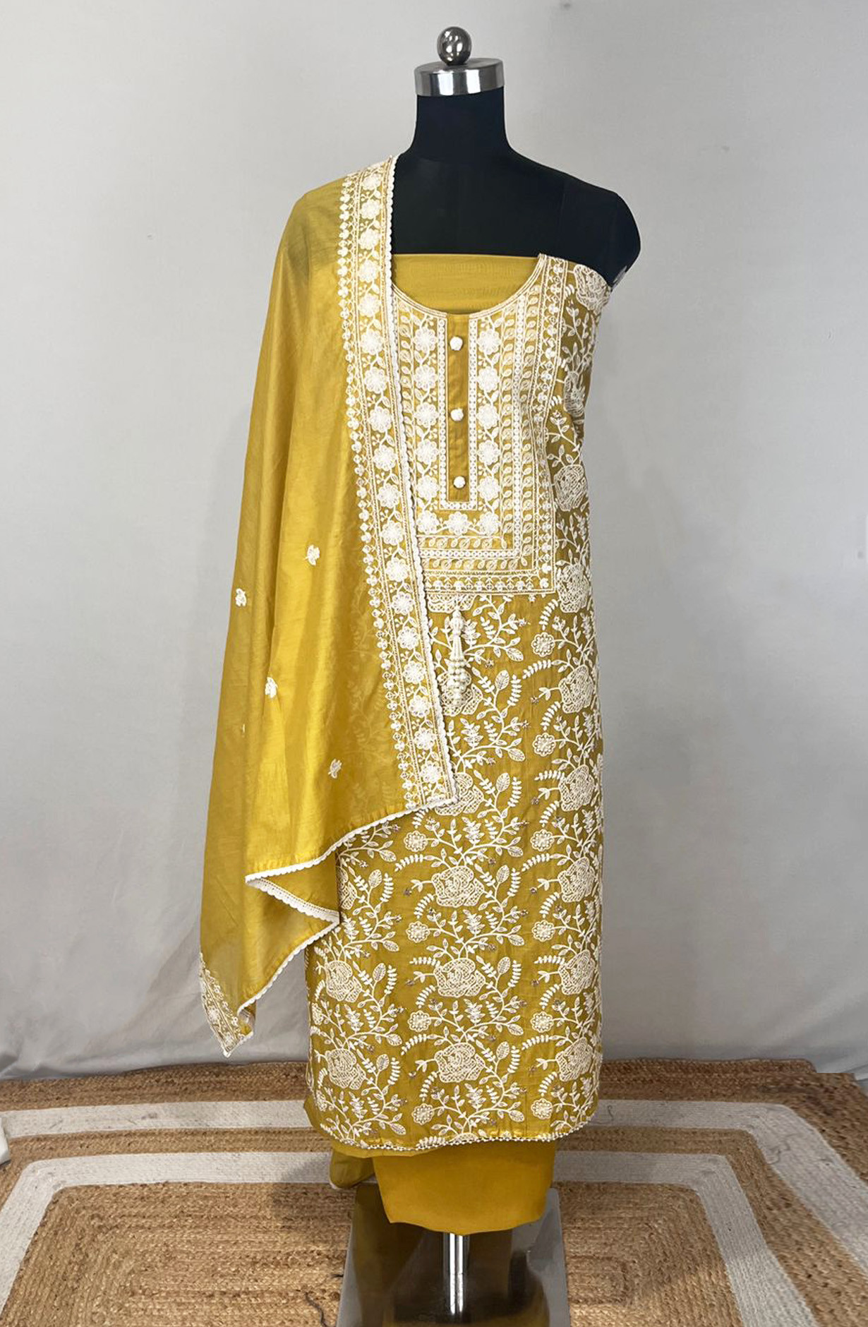 Mustard Mul Chanderi Unstitched Beautiful Suit Set with Dupatta - 824-2514