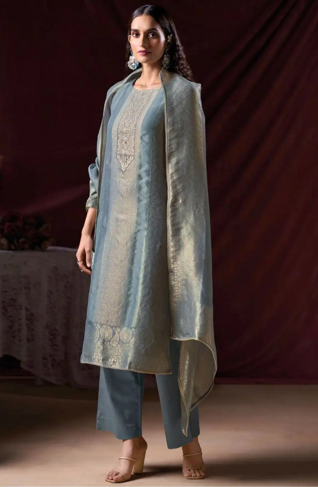 Image of Blue Silk Jacquard Suit Set with Dupatta - ARNC2299