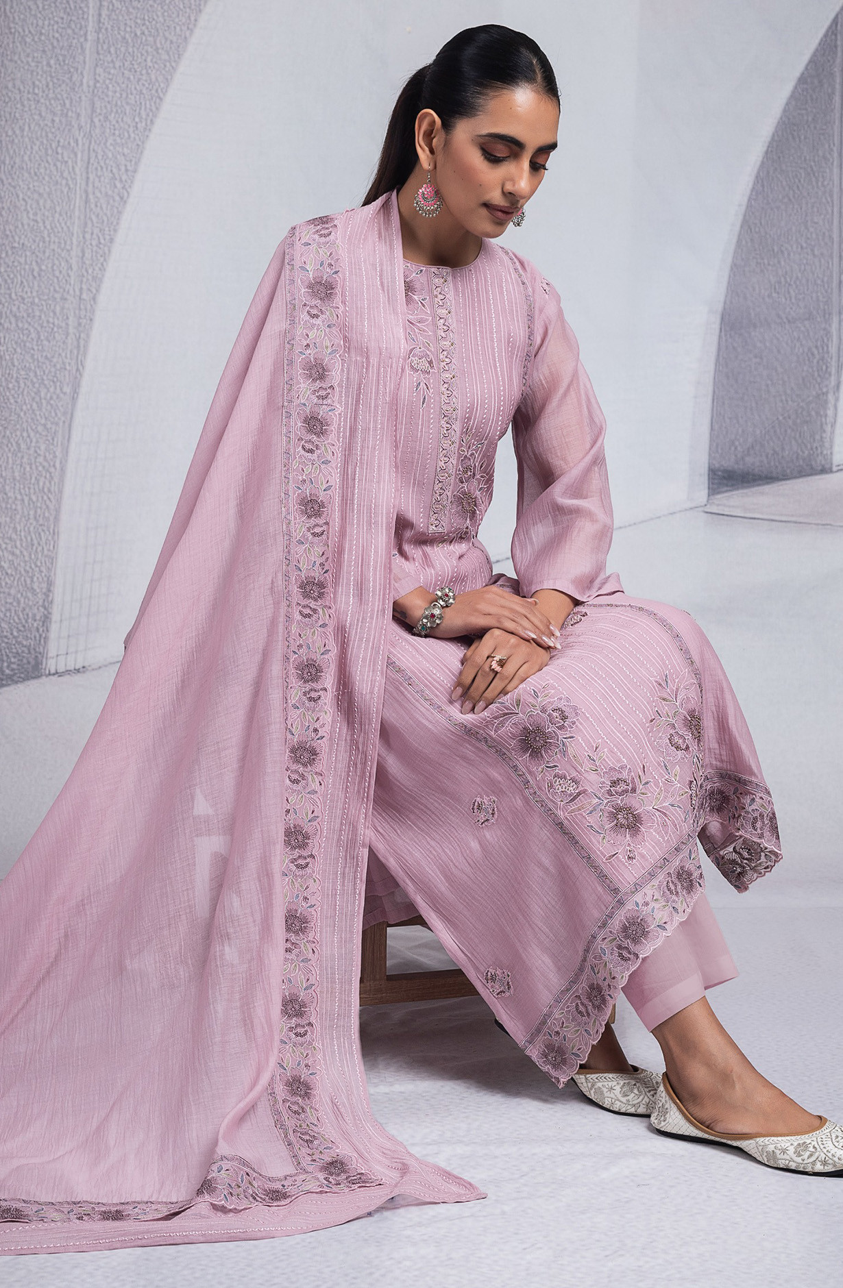 Mauve Pure Mul Chanderi Suit Set with Dupatta - R157-SPR2573A