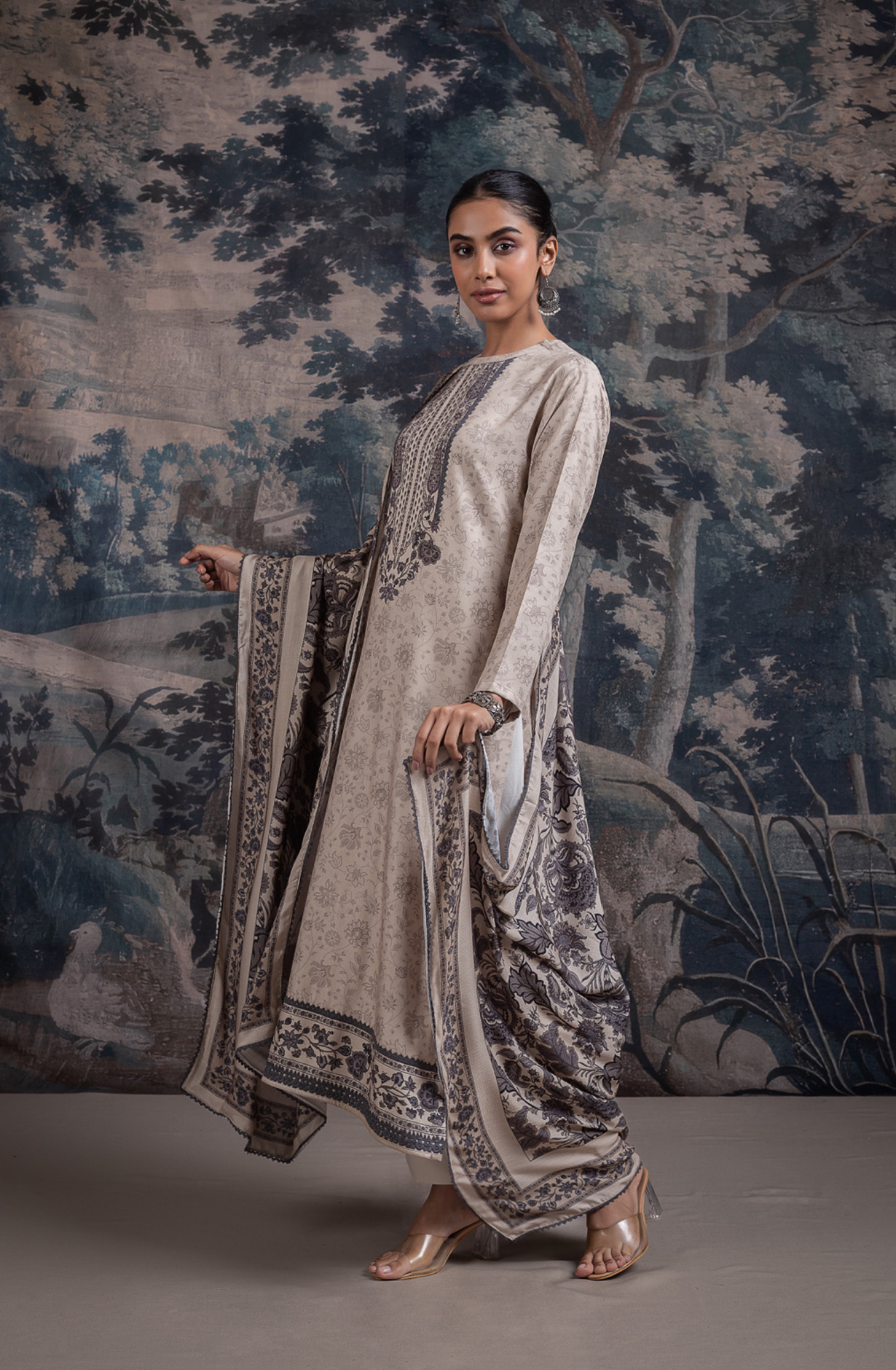 Grey Pashmina Digital Printed Suit Set with Dupatta - RUA2125A