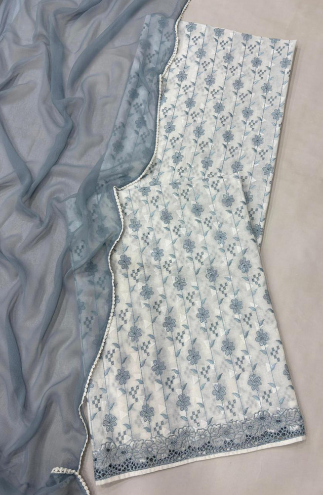 Image of Blue pure cotton unstitched beautiful Suit Set with Dupatta - SAHNT119B