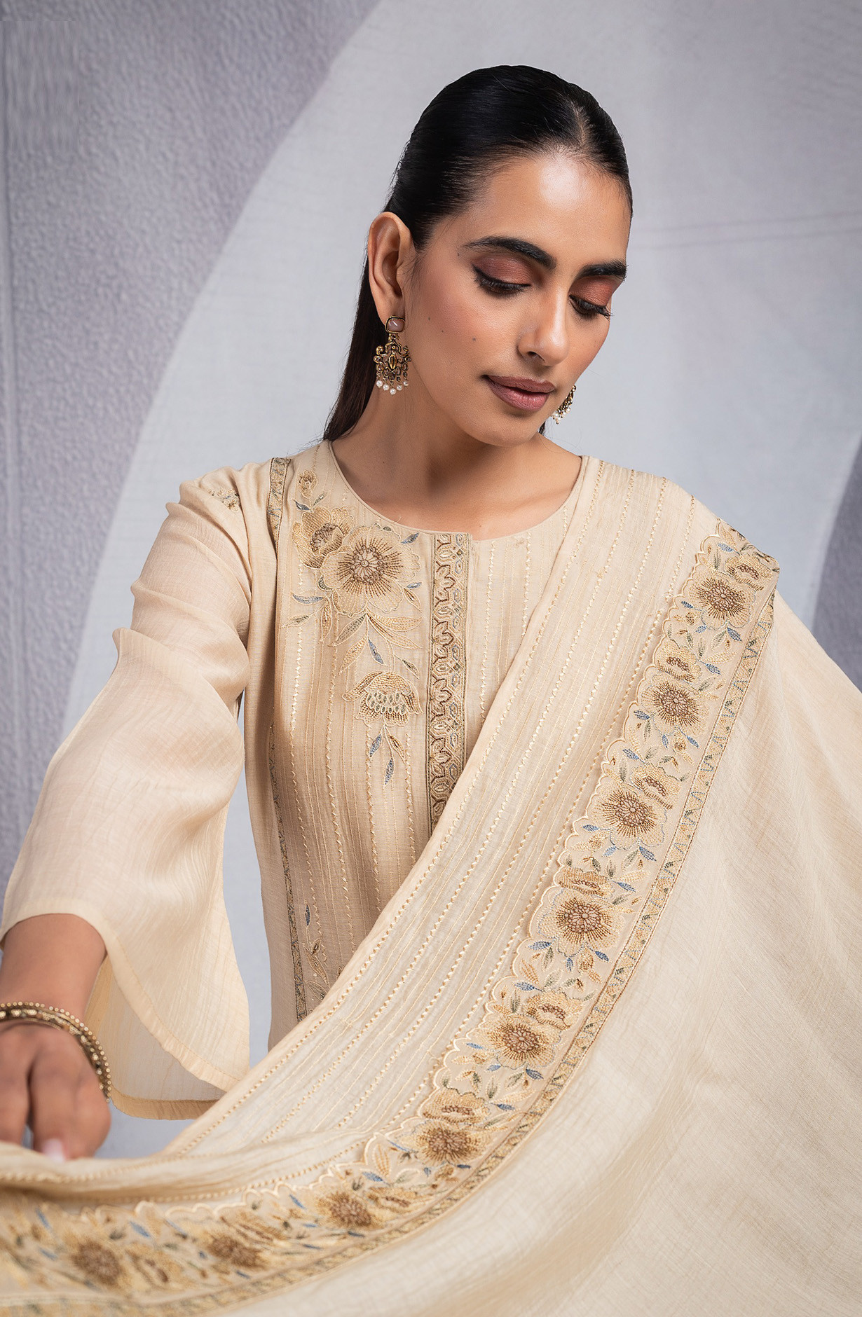 Beige Pure Mul Chanderi Suit Set with Dupatta - R157-SPR2573B
