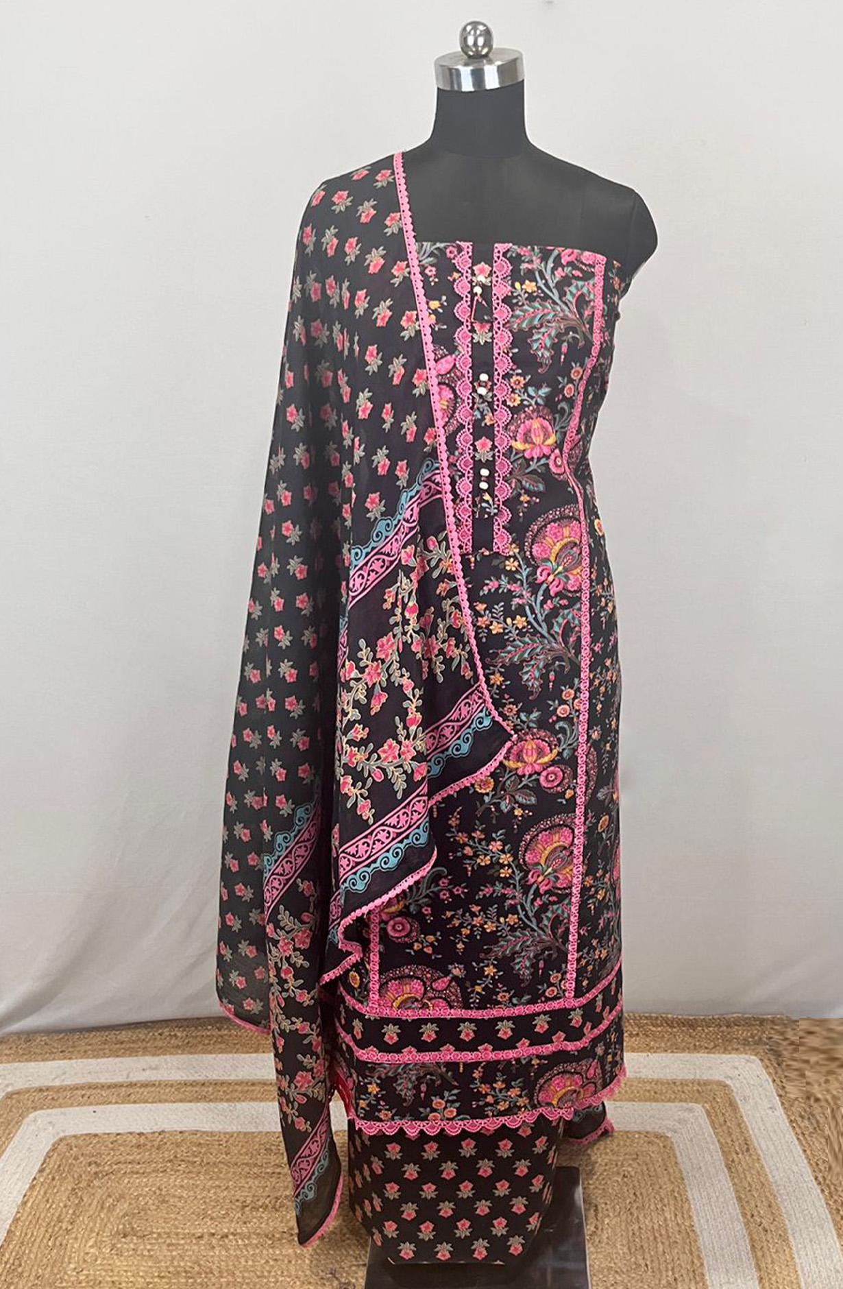 Black Printed Cotton Unstitched Suit Set with Dupatta - 131-KE1076C