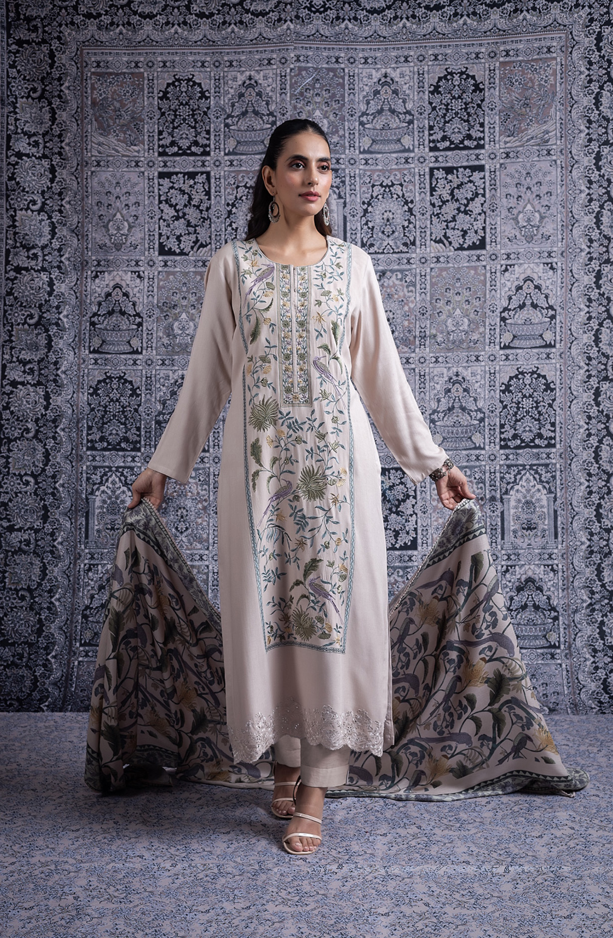 Grey Pure Pashmina Suit Set with Pashmina Silk Dupatta - JAN2100A