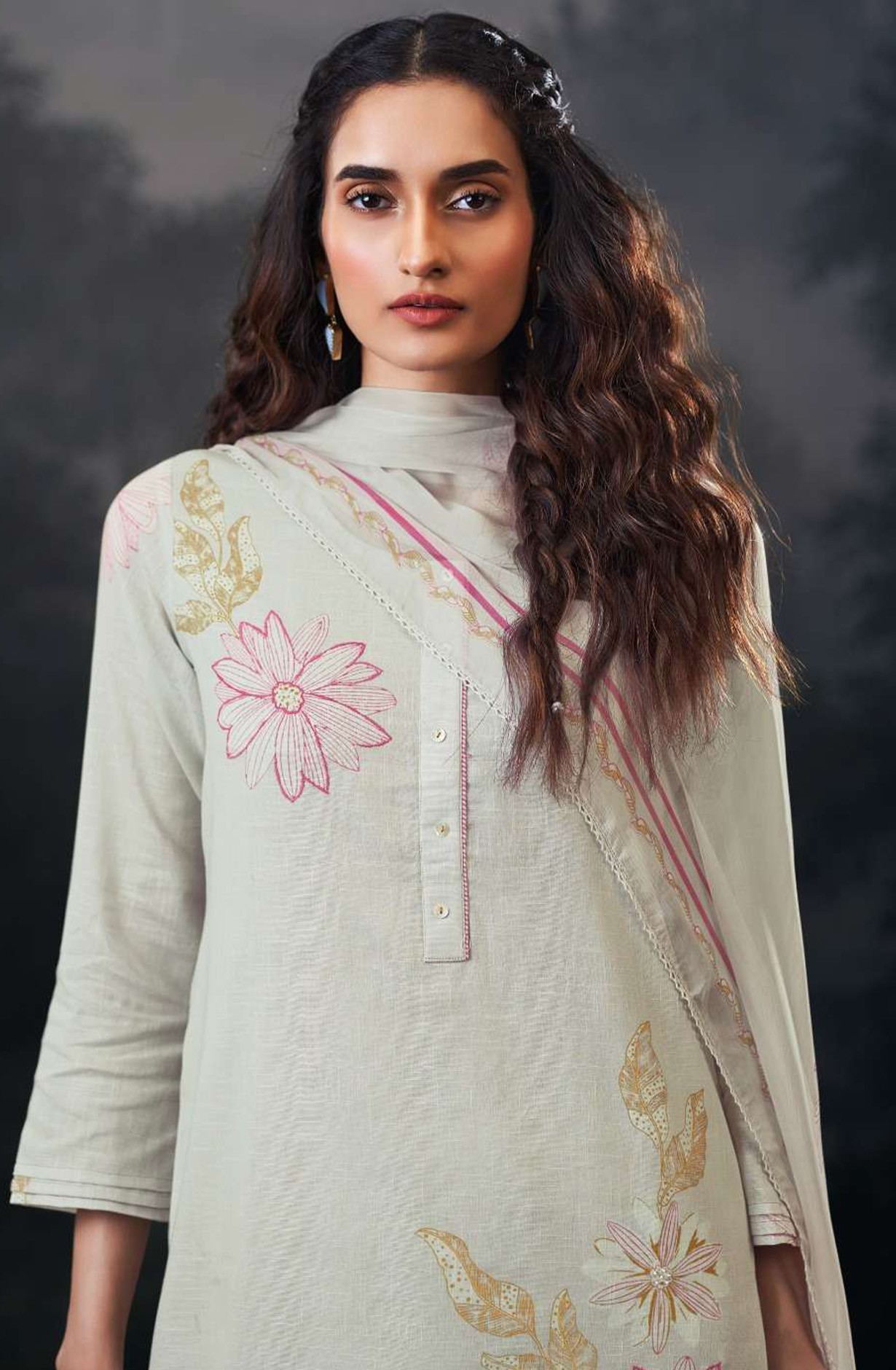 Grey premium cotton linen Unstitched Suit Set with Dupatta - ALVS4507C