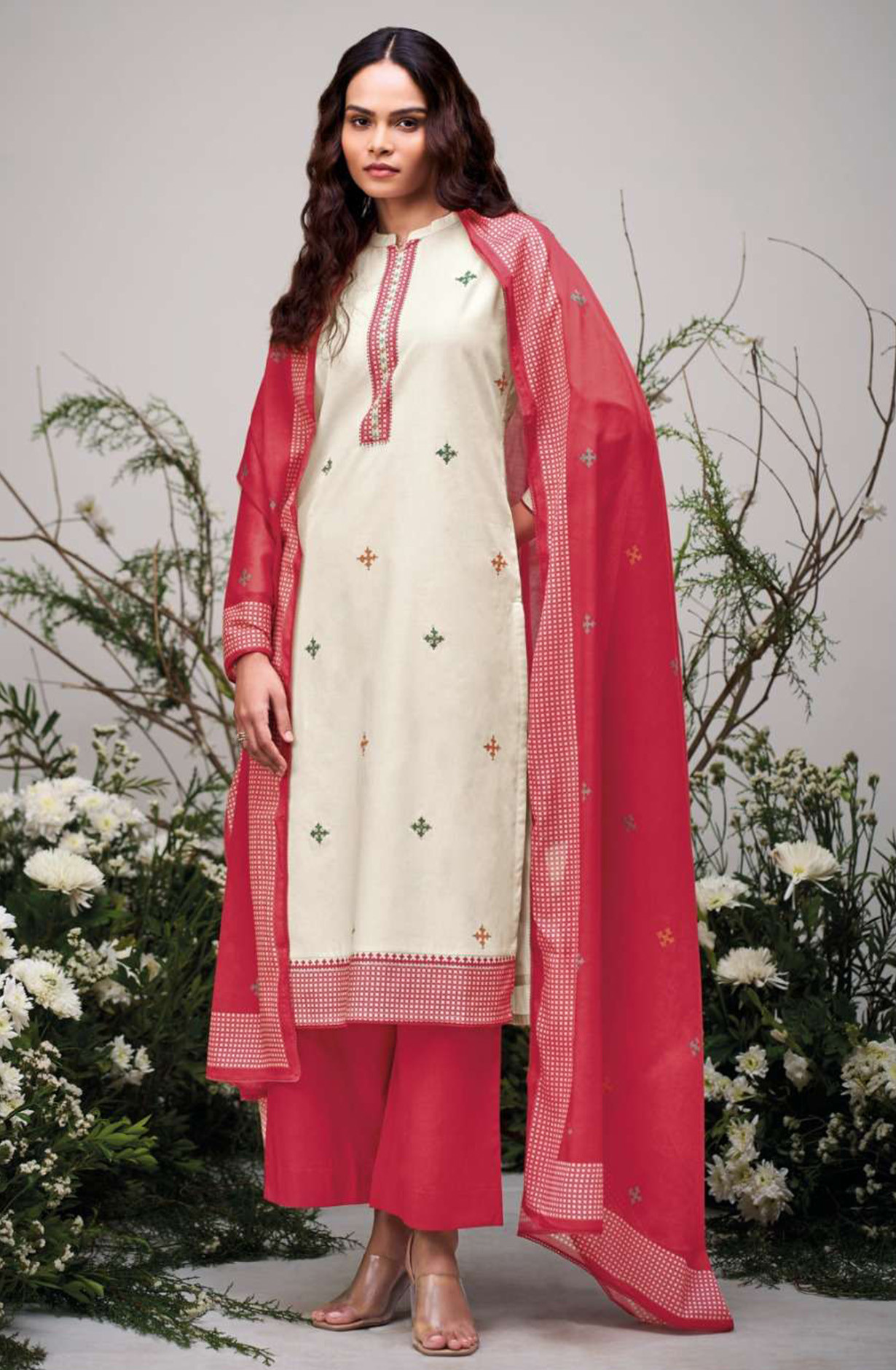 Red premium cotton Unstitched Suit Set with Dupatta - ELIS4469C