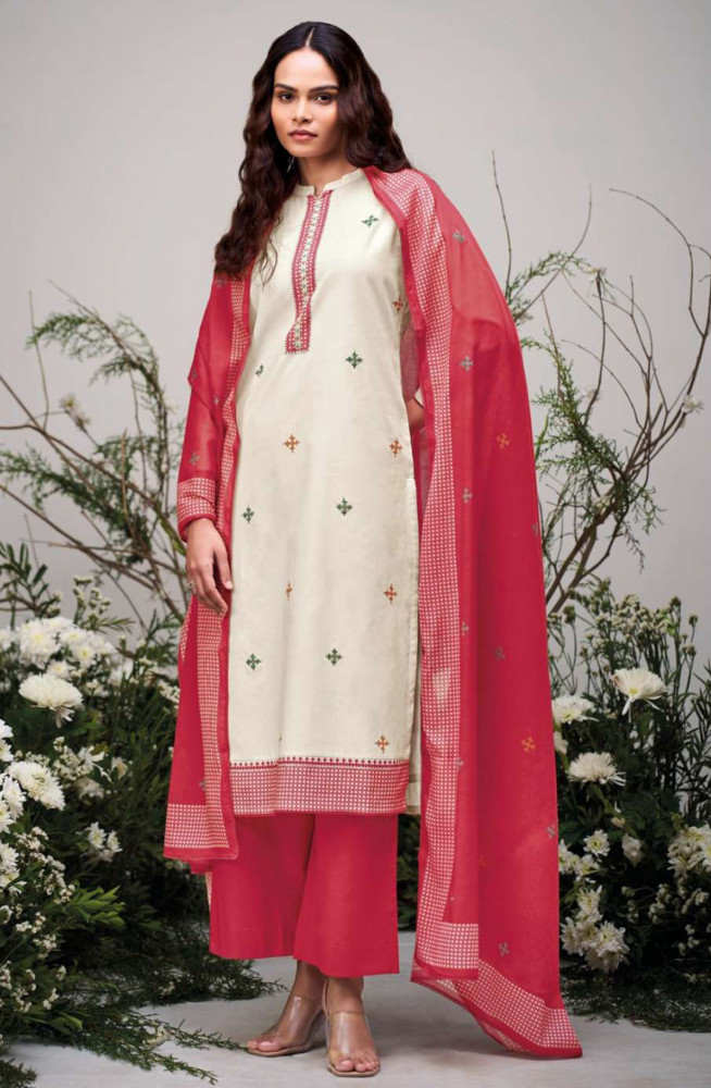 Image of Red premium cotton Unstitched Suit Set with Dupatta - ELIS4469C