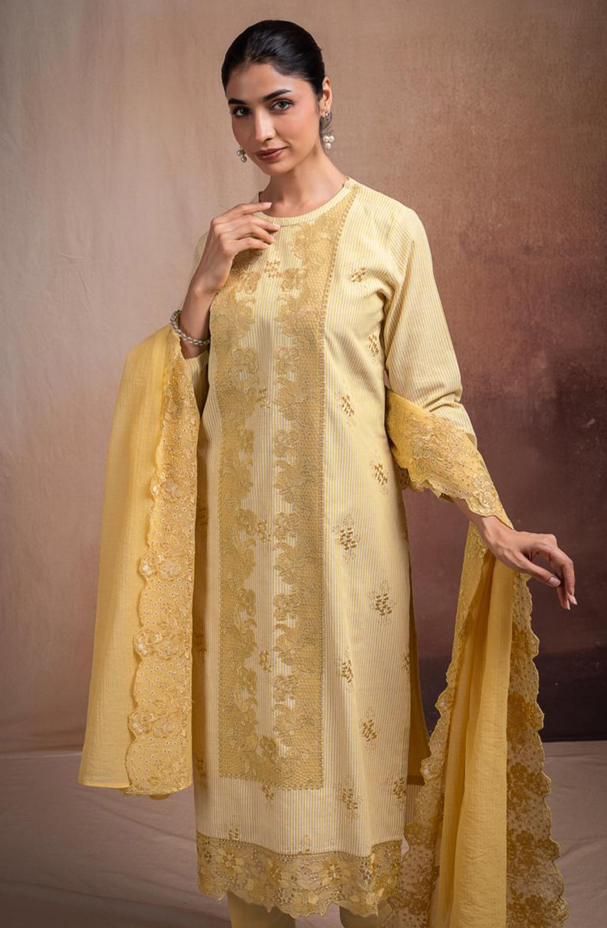 Yellow Pure Cotton Handloom Embroidered Suit Set with Dupatta - ANTNSF137A