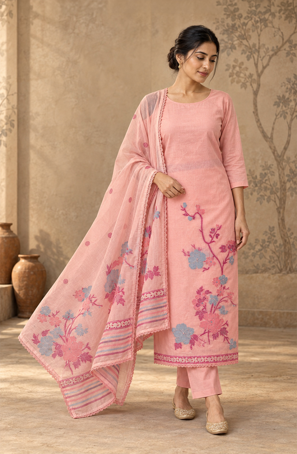 Pink Cotton Unstitched Suit Set with Beautiful Dupatta - 131-KE11674A