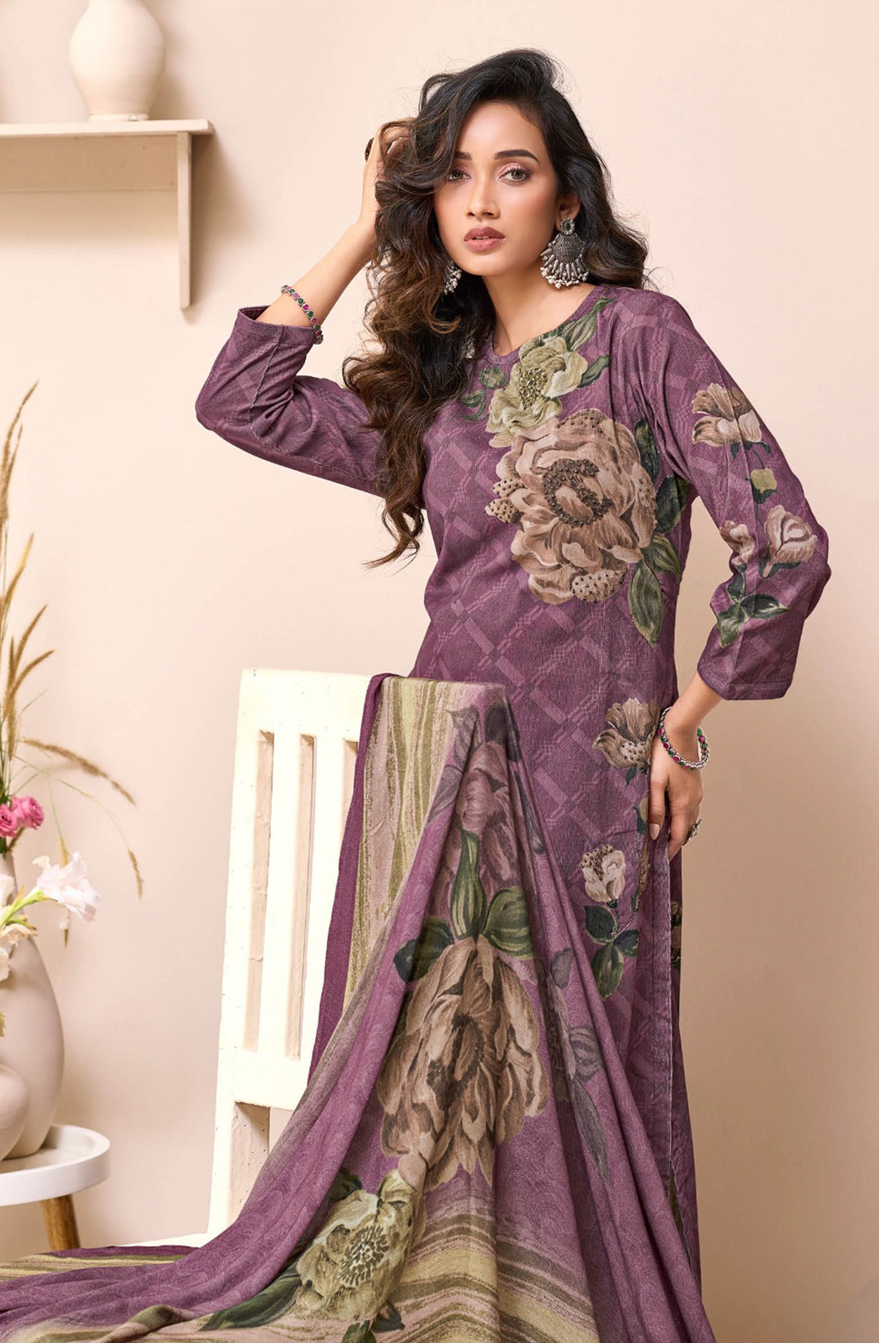 Purple pure corduroy Suit set with Dupatta- ROS721
