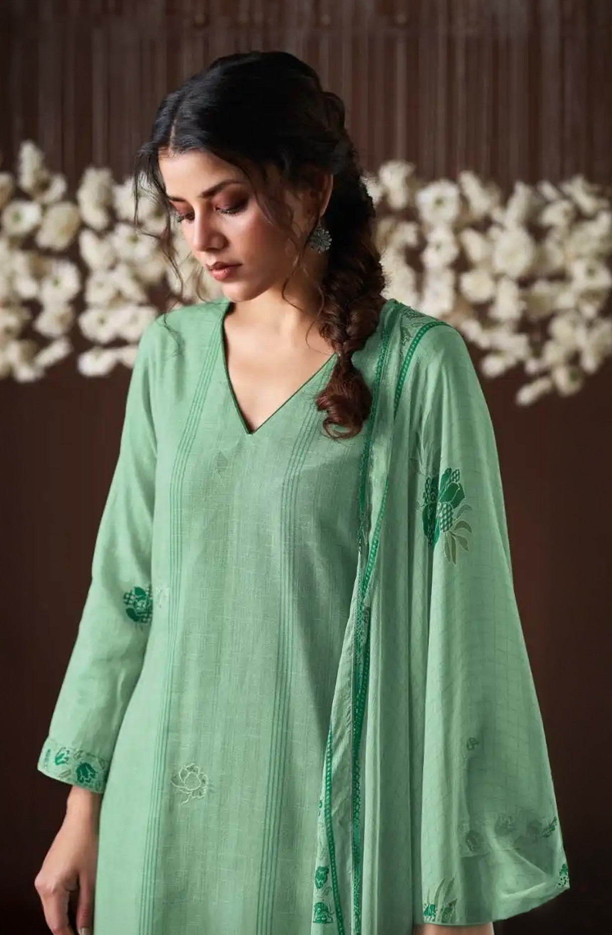 Green Premium Cotton Linen Unstitched Suit Set with Dupatta - HYS4533C