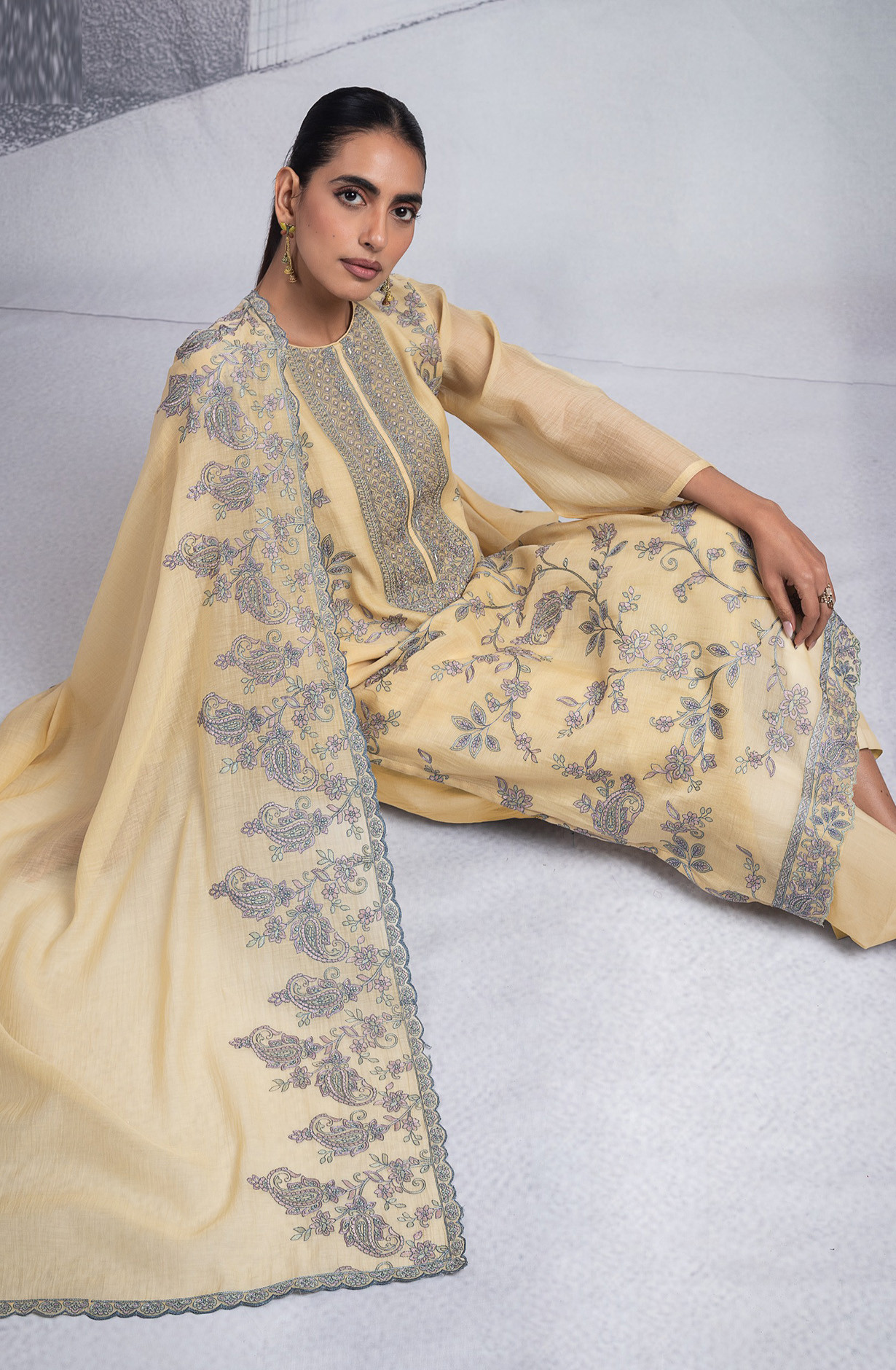 Yellow Pure Mul Chanderi Suit Set with Dupatta -R157-SPR2579C