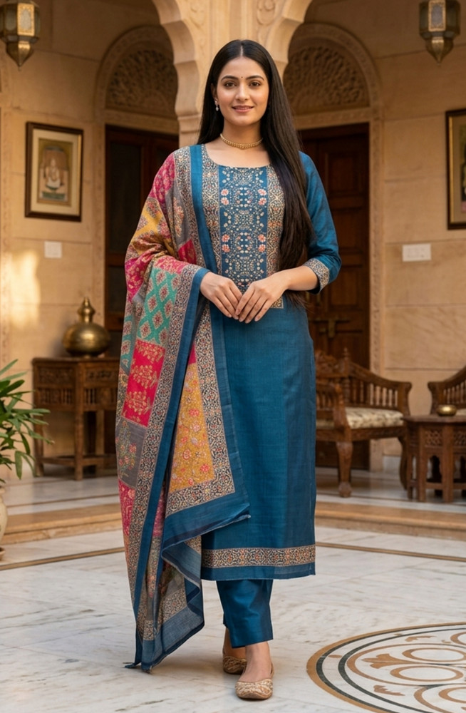 Image of Blue Chanderi Silk Beautiful Suit Set with Dupatta -  981-1334