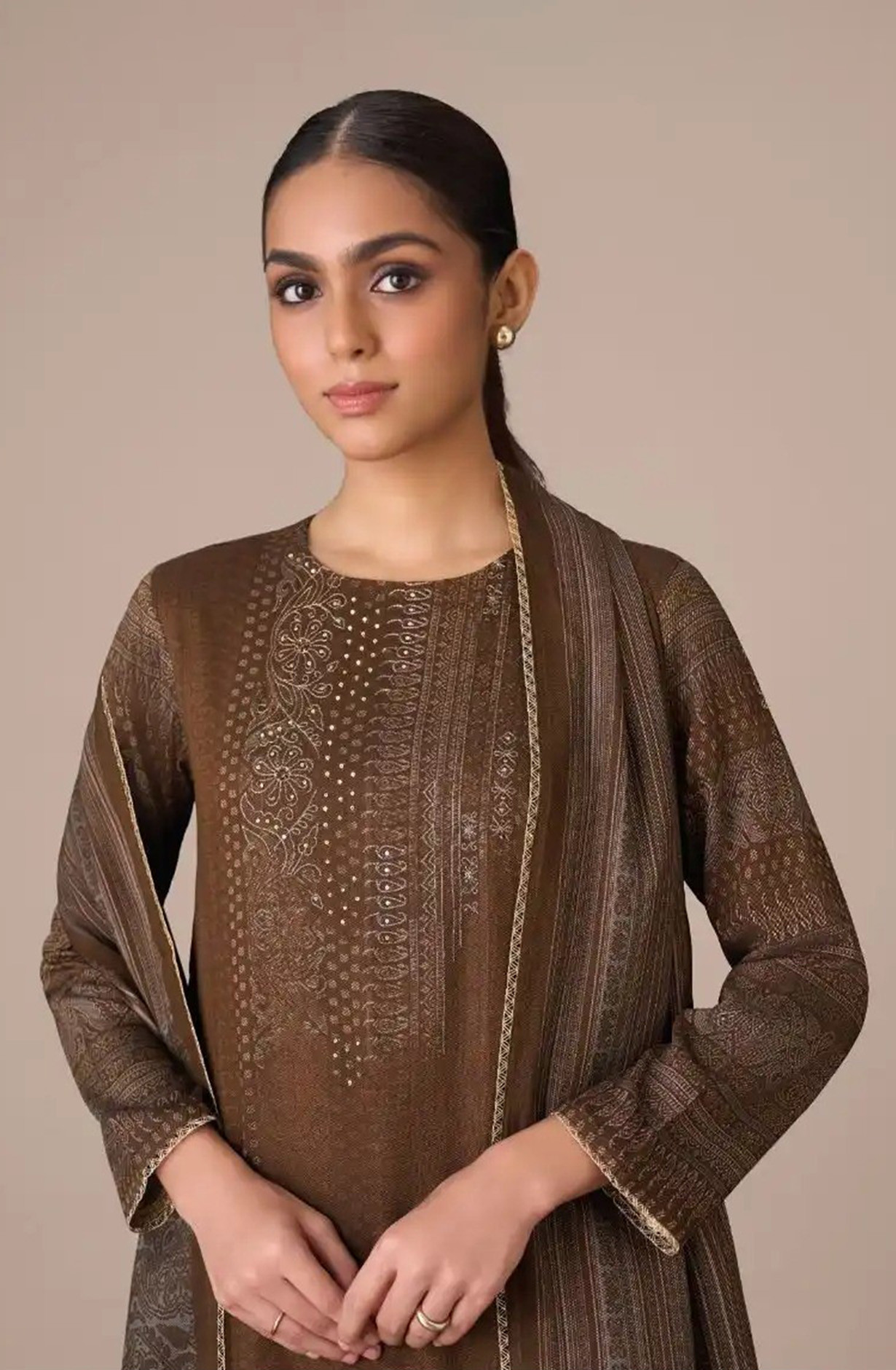Brown Pashmina Digital Printed Suit with Dupatta - CLA8661D