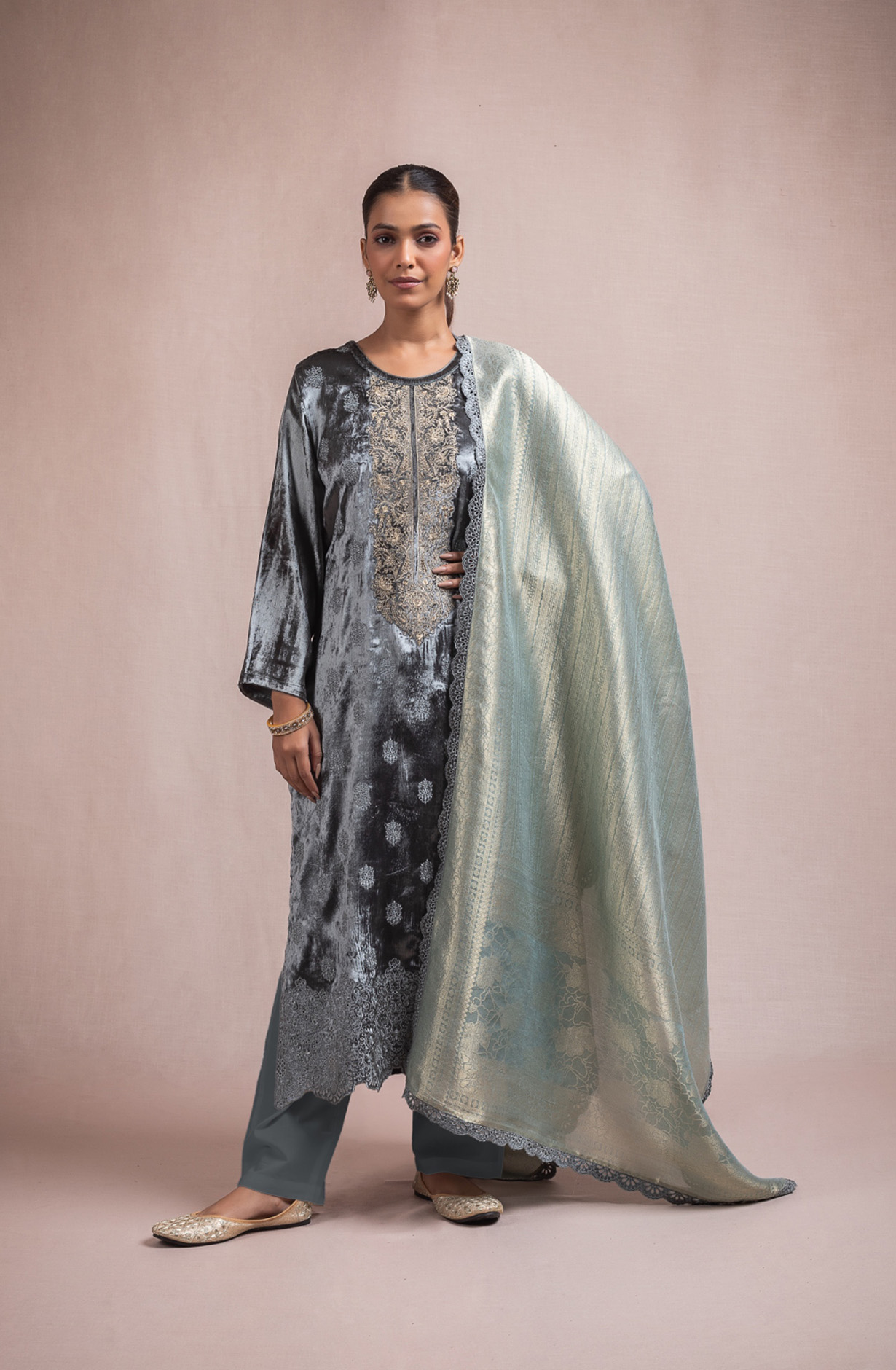 Green Pure Velvet Suit Set with Beautiful Dupatta - KAA2117A