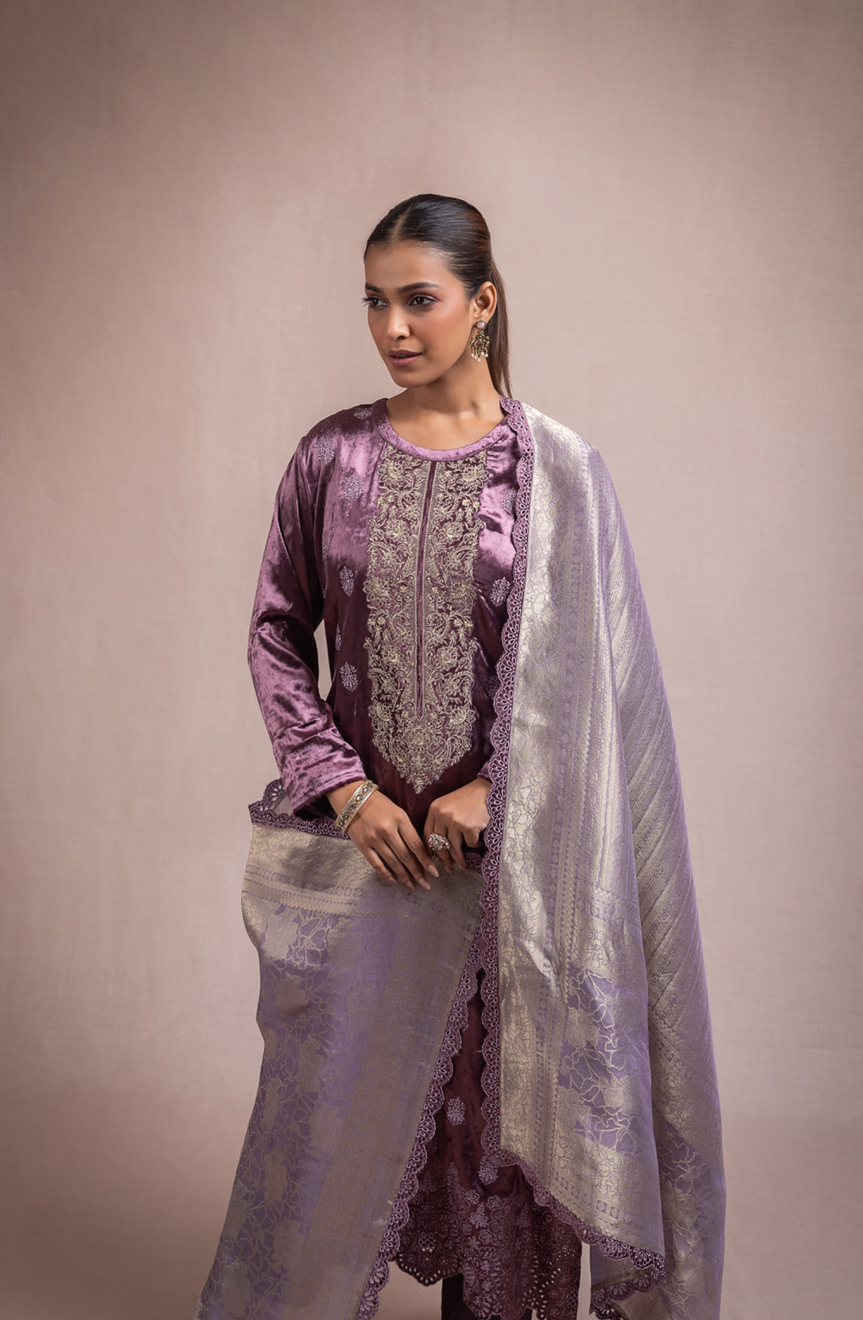 Purple Pure Velvet Suit Set with Beautiful Dupatta - KAA2117B