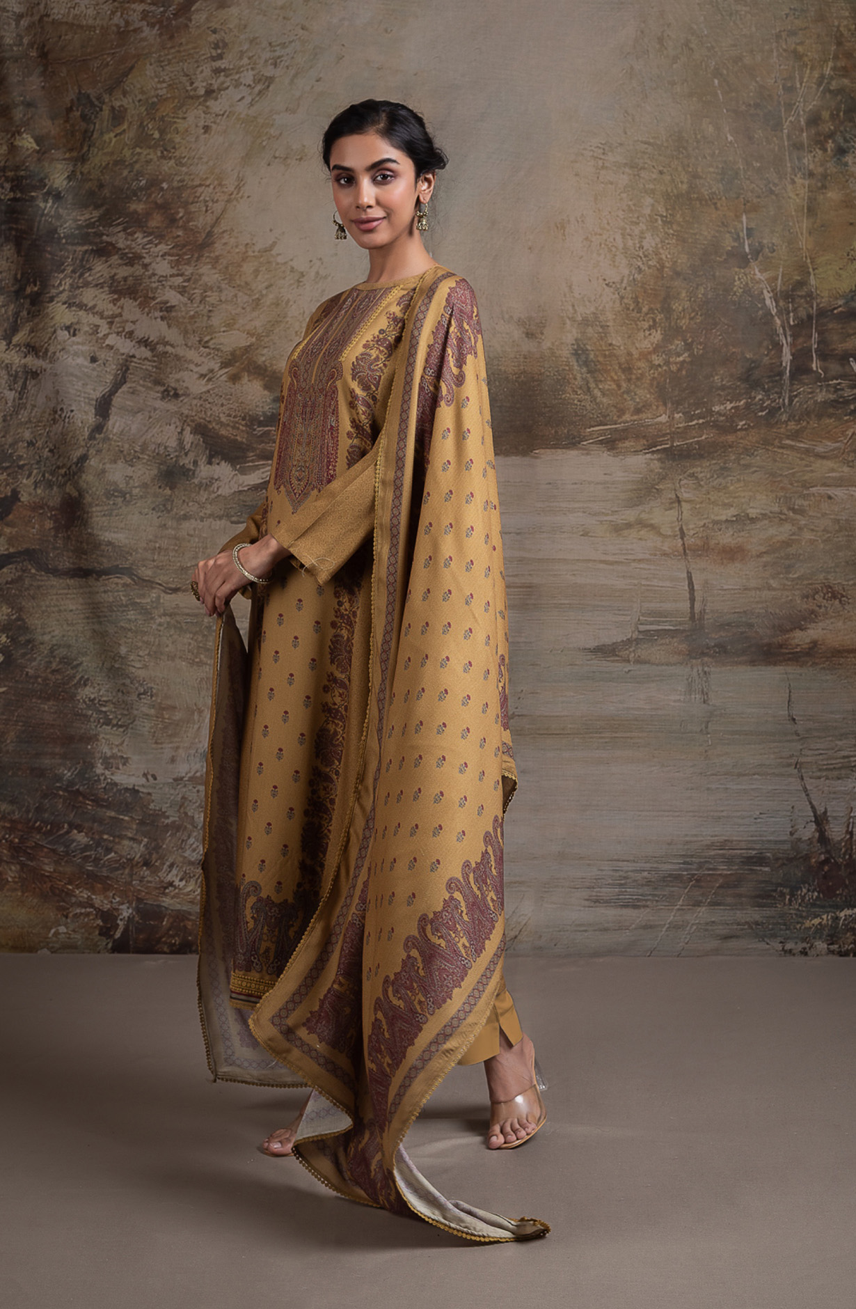Mustard Pashmina Digital Printed Suit Set with Dupatta - QAA2130A