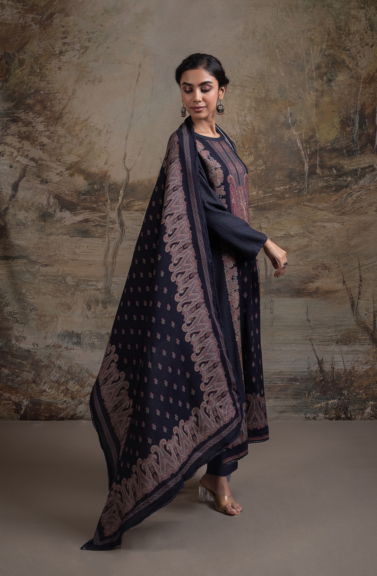 Black Pashmina Digital Printed Suit Set with Dupatta - QAA2130B