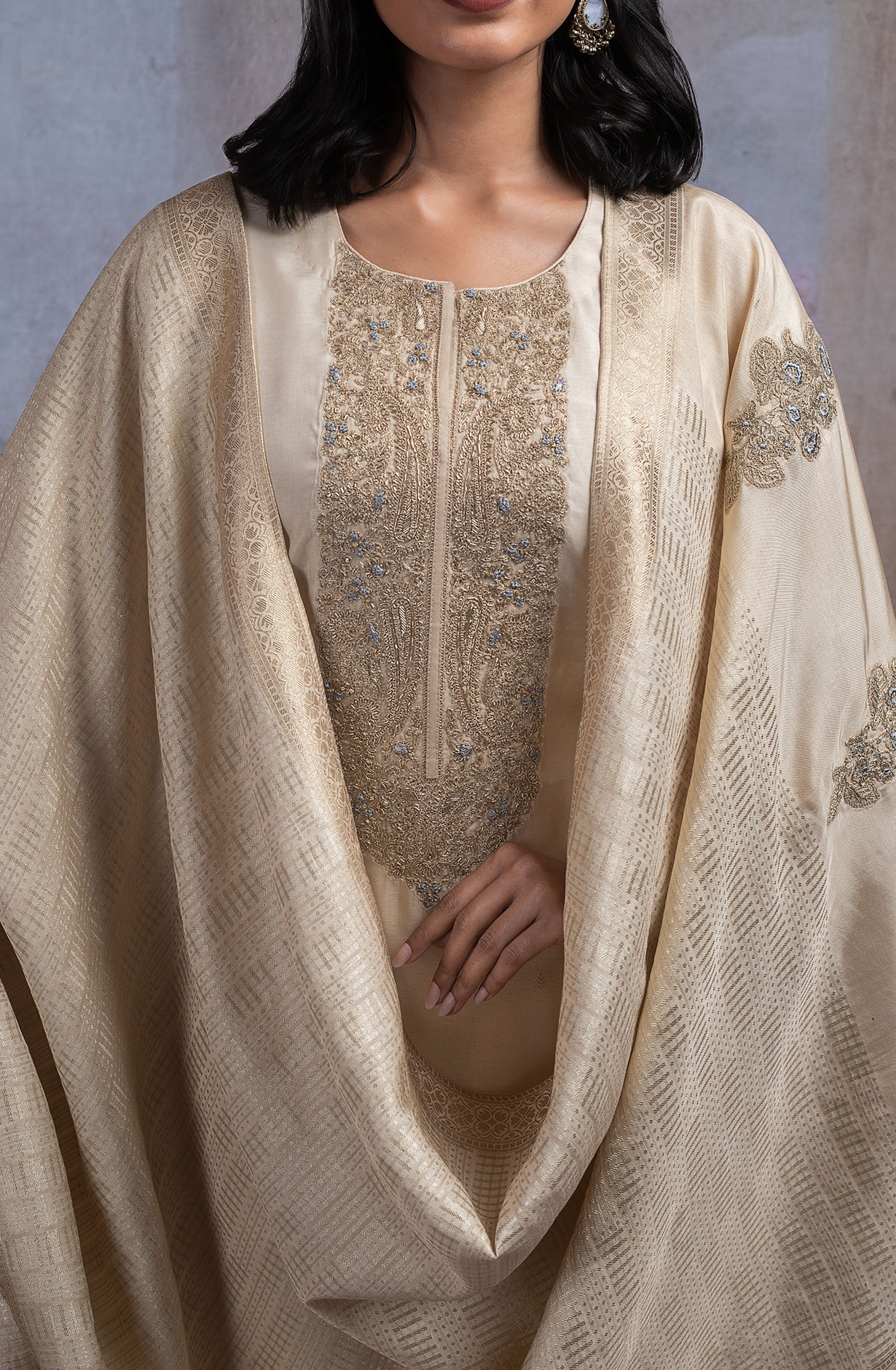 Beige Silk Suit Set with Dupatta - R157-SPR2542