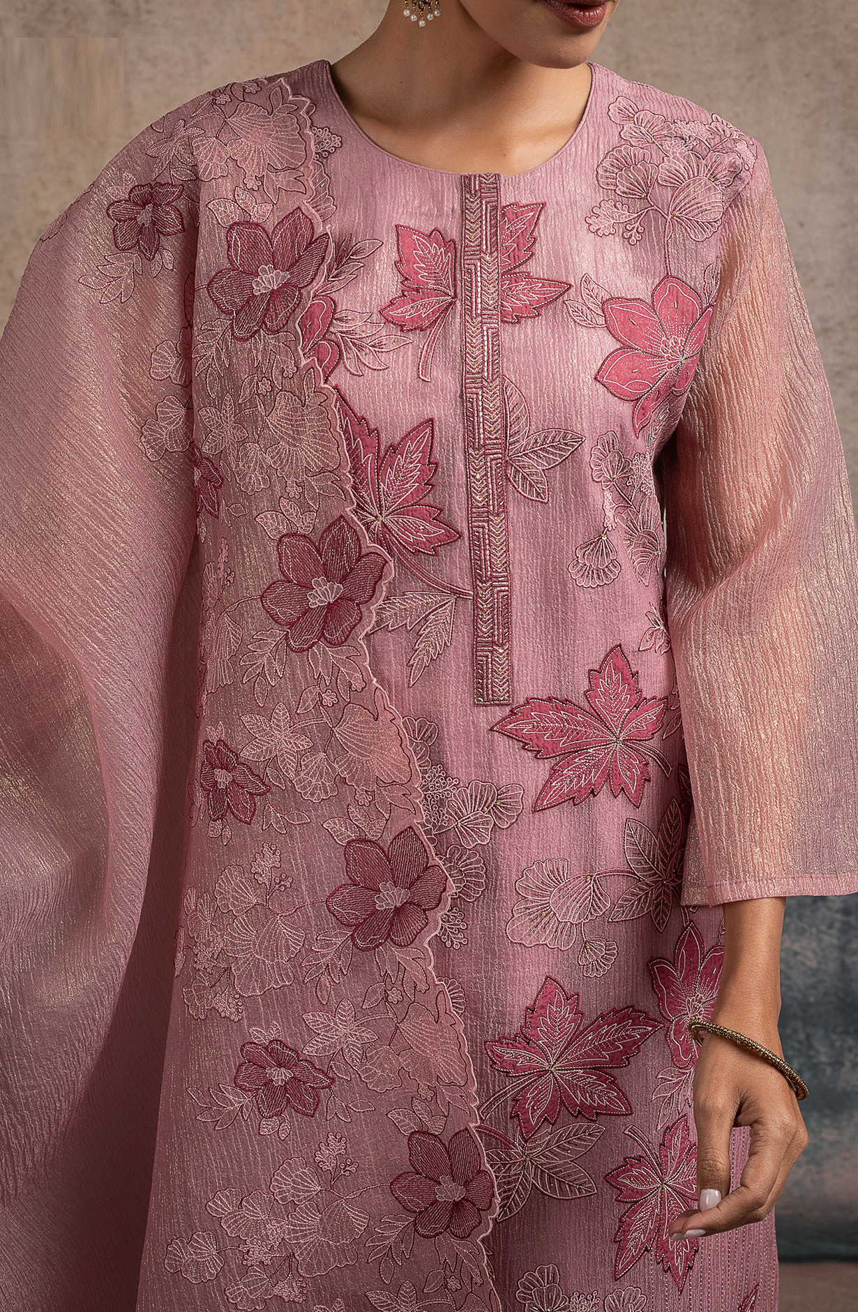 Pink Glass Tissue Organza Suit Set with Dupatta - R157-SPR2531