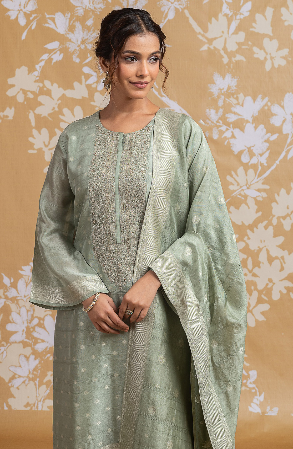 Green Raw Silk Jacquard Suit Set with Dupatta - R157-SPR2590