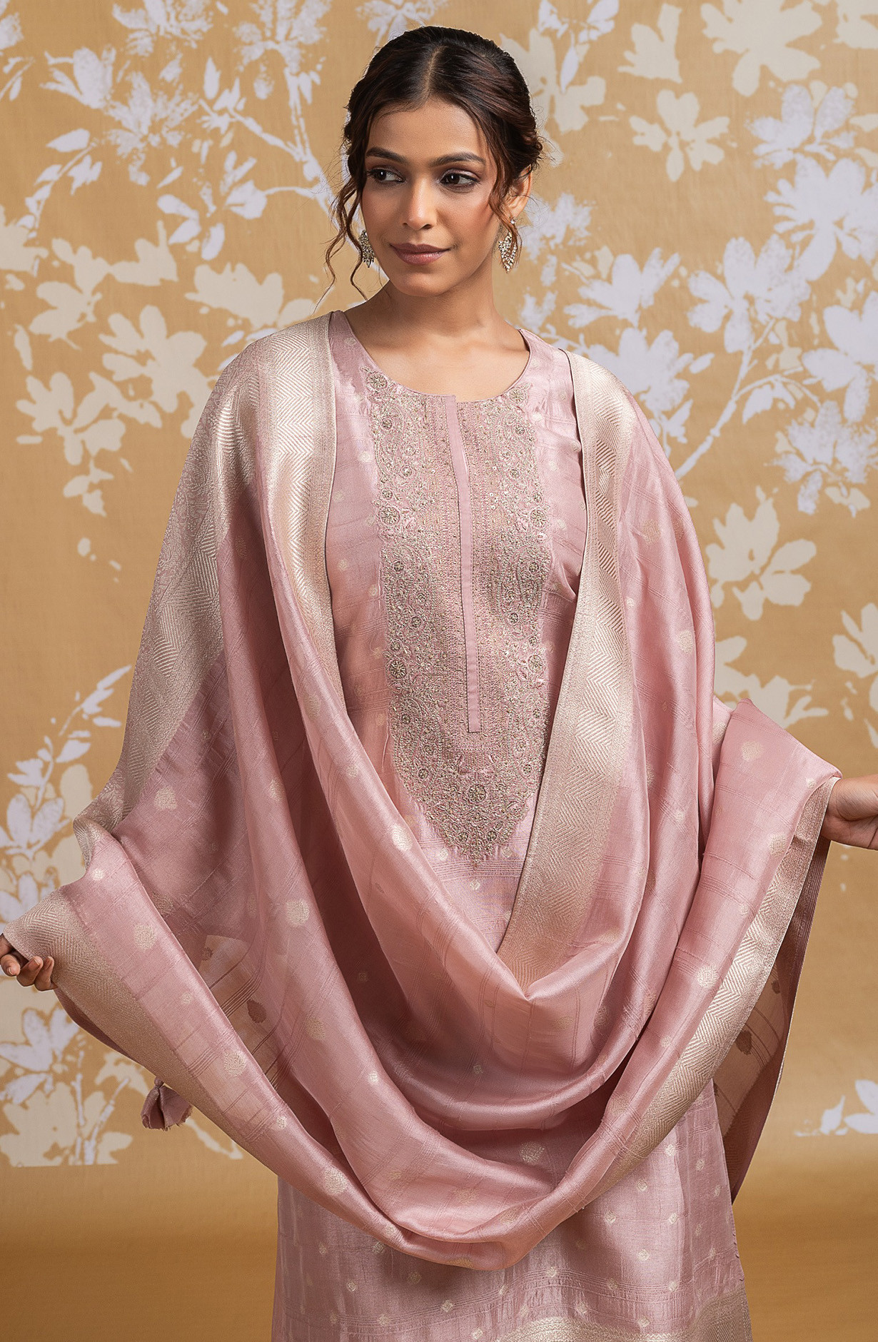 Pink Raw Silk Jacquard Suit Set with Dupatta - R157-SPR2590A