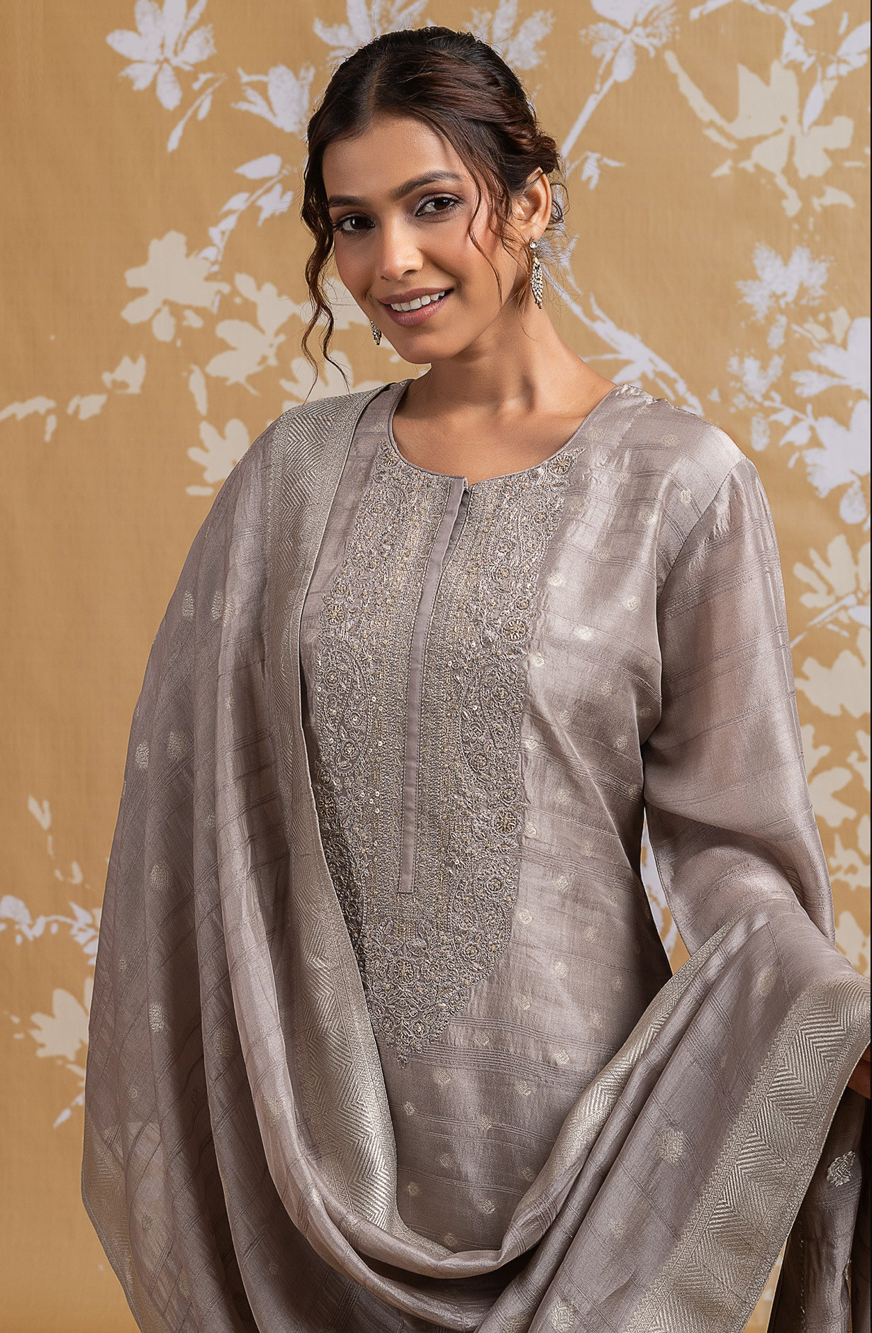 Grey Raw Silk Jacquard Suit Set with Dupatta - R157-SPR2590B