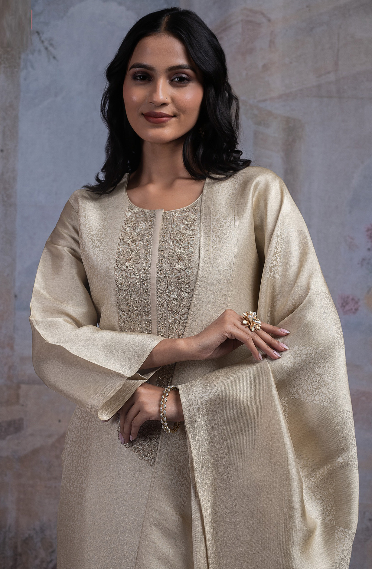 Beige Ziraf Silk Jacquard Suit Set with Dupatta - R157-SPR2541A