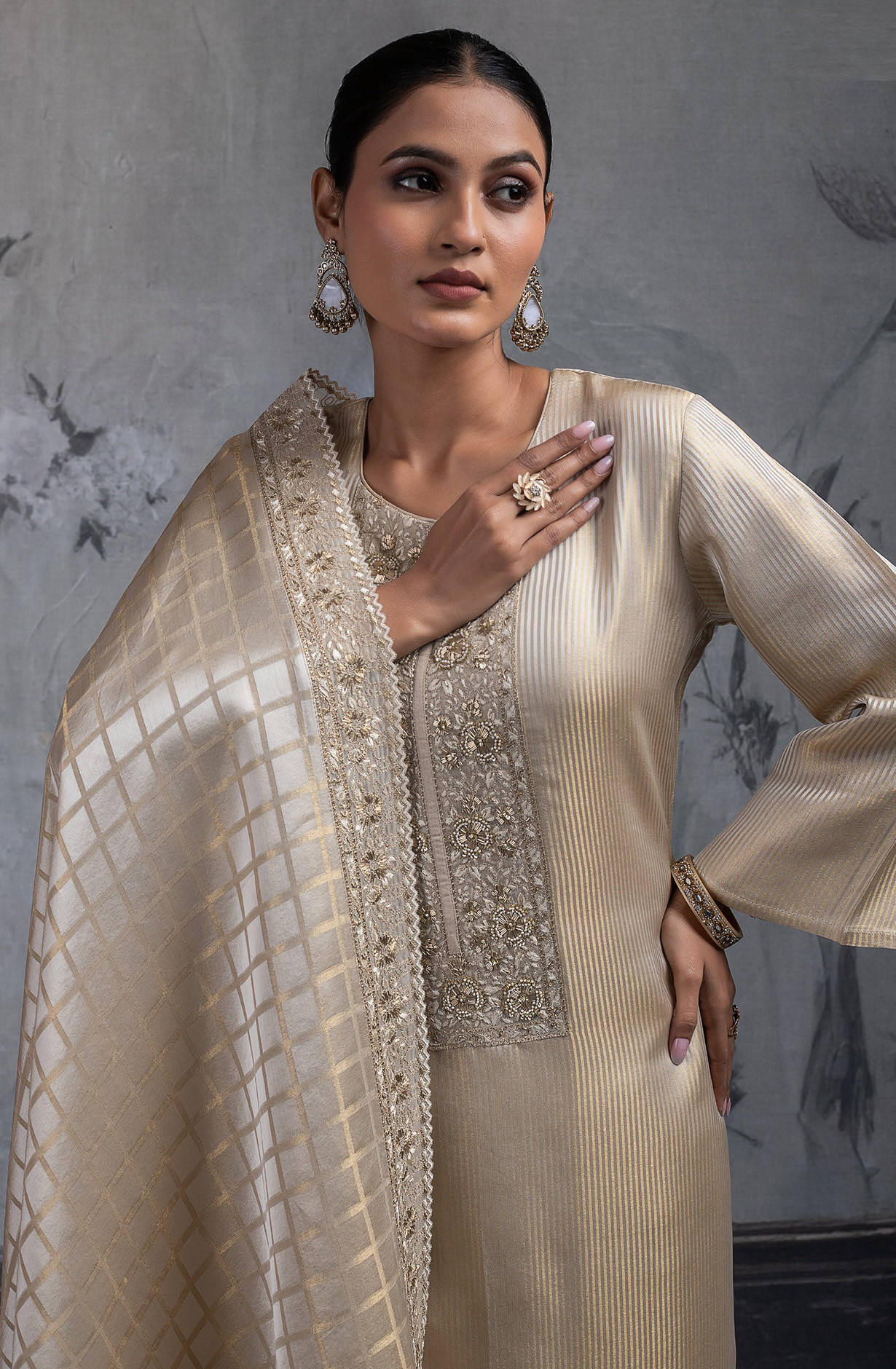Beige Tissue Silk Jacquard Suit Set with Dupatta - R157-SPR2543