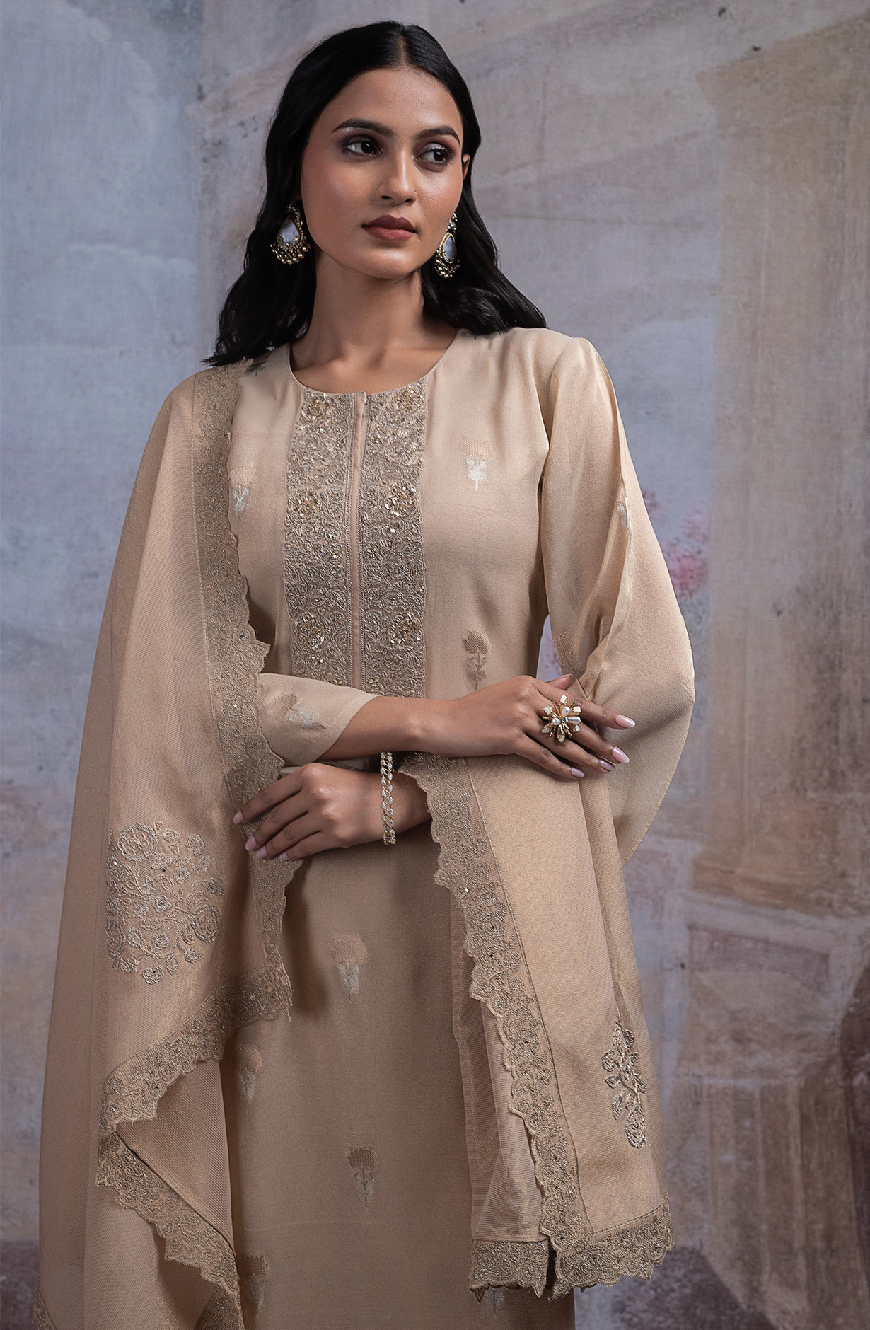 Fawn Tissue Silk Jacquard Suit Set with Dupatta - R157-SPR2547
