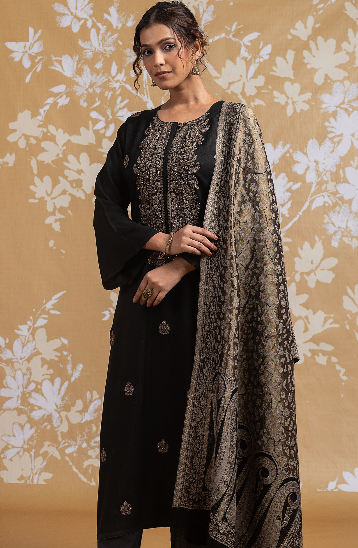 Black Pashmina Embroidered and Handwork Suit Set with Dupatta - R157-SPR2550