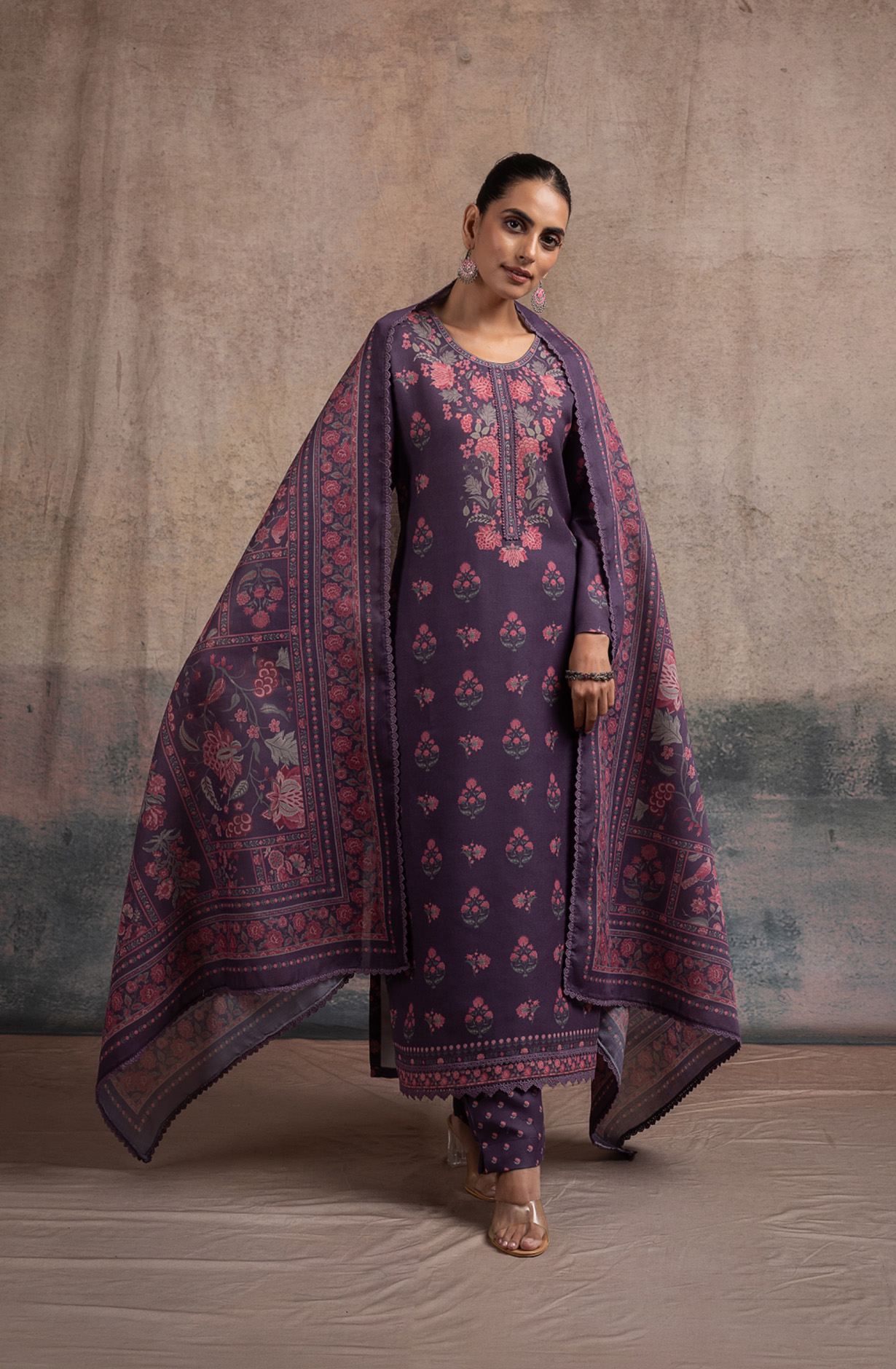 Purple Pashmina Digital Printed Suit Set with Dupatta - SUF2136A