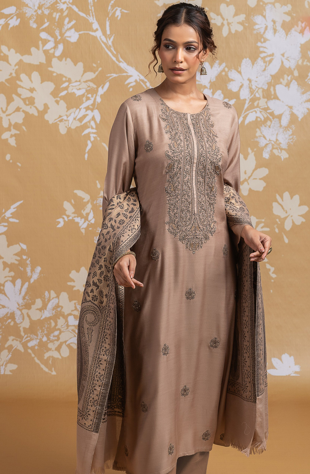 Brown Pashmina Embroidered and Handwork Suit Set with Dupatta - R157-SPR2550A