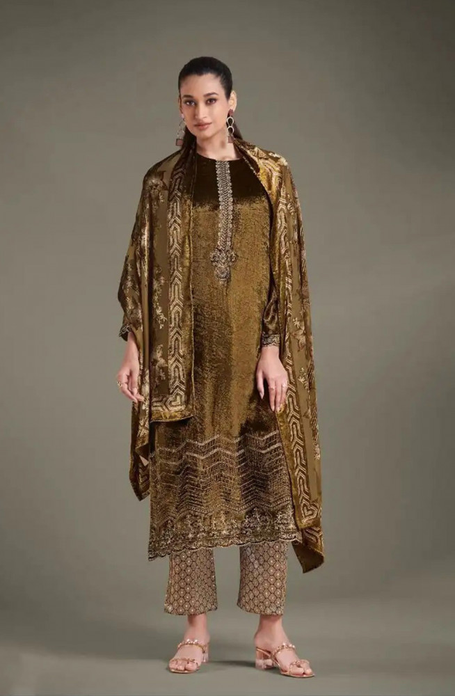 Image of Mustard Pure Viscose Velvet Suit with Dupatta - RIT8861C