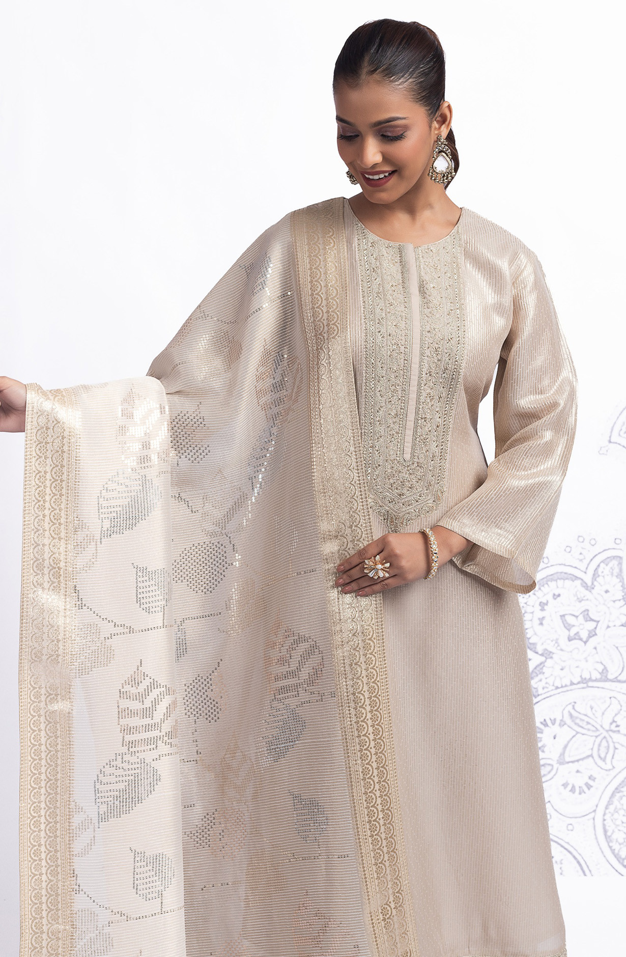 Beige Tissue Silk Jacquard Suit Set with Dupatta - R157-SPR2566