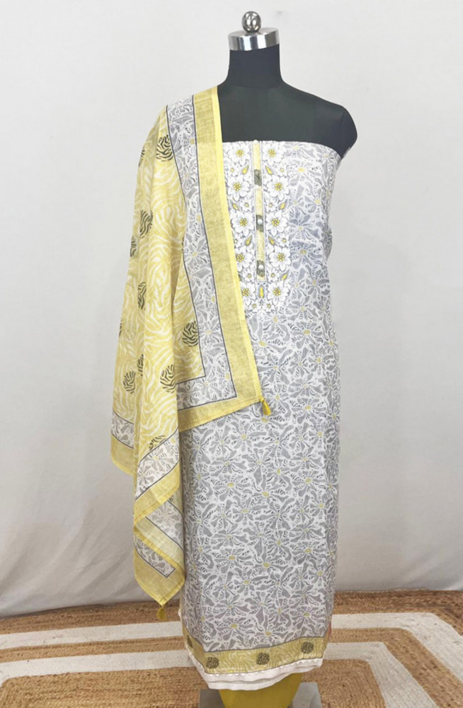 Image of Grey Linen Unstitched Beautiful Suit Set with Dupatta - 131-EE5535A-2A
