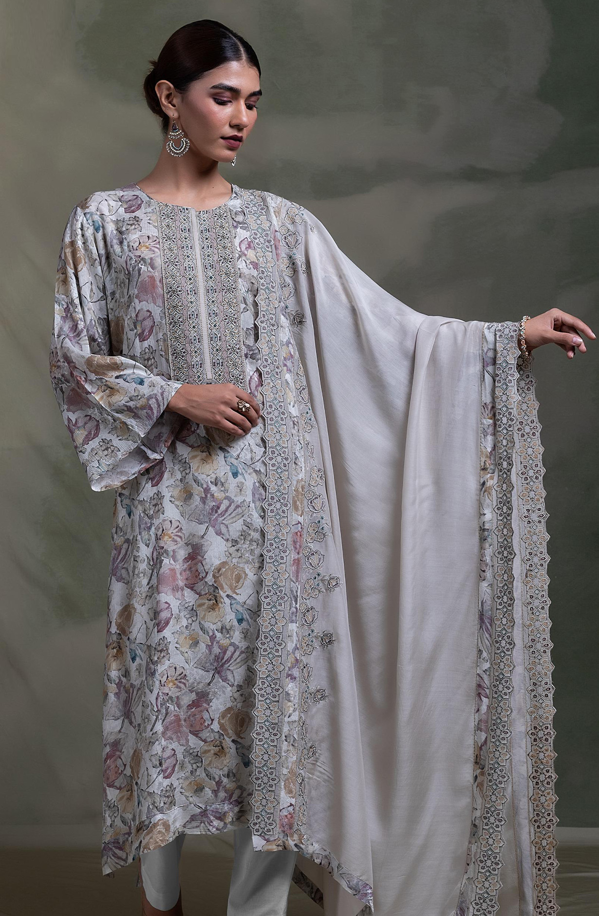 Grey printed Muslin Embroidered Suit Set with Dupatta - R157-SPR2331A