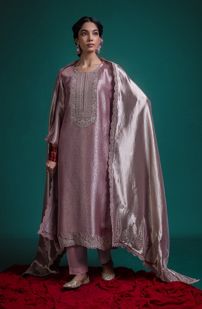 Image of Pink Pure silk Unstitched Suit Set with Beautiful Dupatta - SHANSK127A