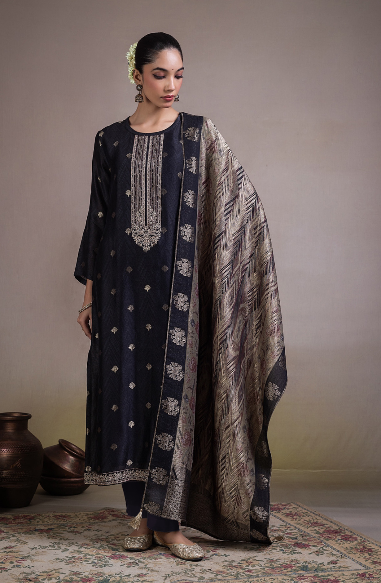 Black Pure silk Unstitched Suit Set with Beautiful Dupatta - MUGNSK146A