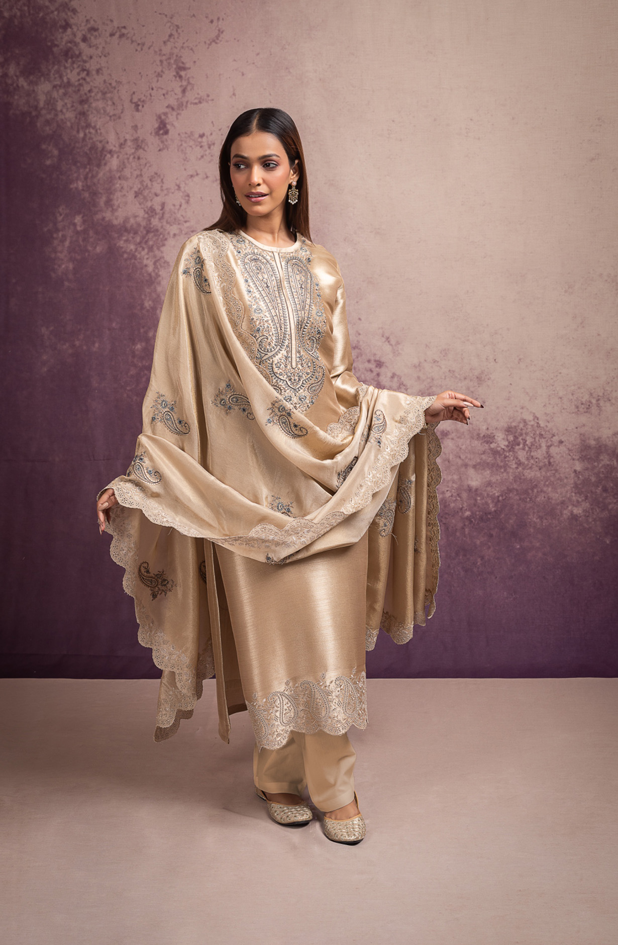 Beige Ziraf Silk Suit with Beautiful Tissue Silk Dupatta - VOR2011A