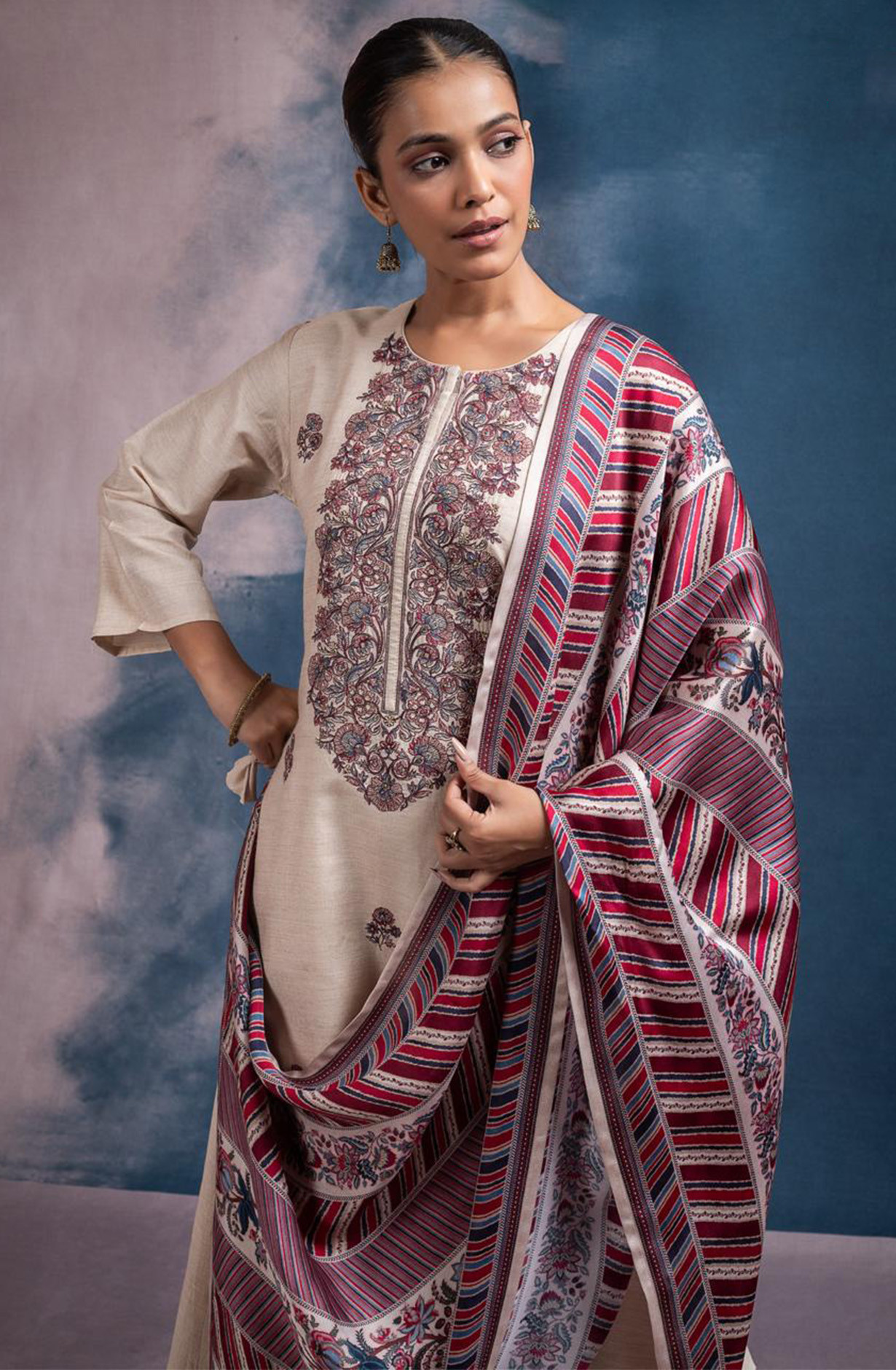 Off - White Monga Tussar Silk Suit with Red Dupatta - R157-SPR2493