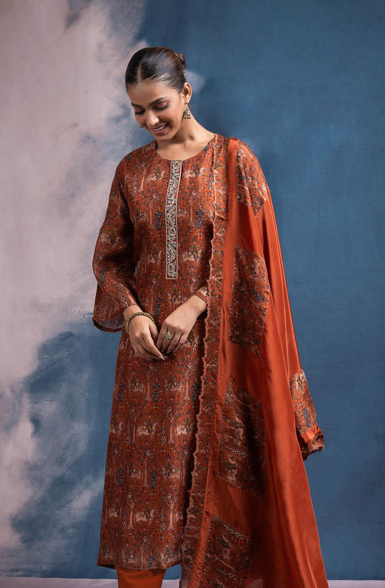 Orange Silk Printed Suit set with Dupatta - R157-SPR2448C