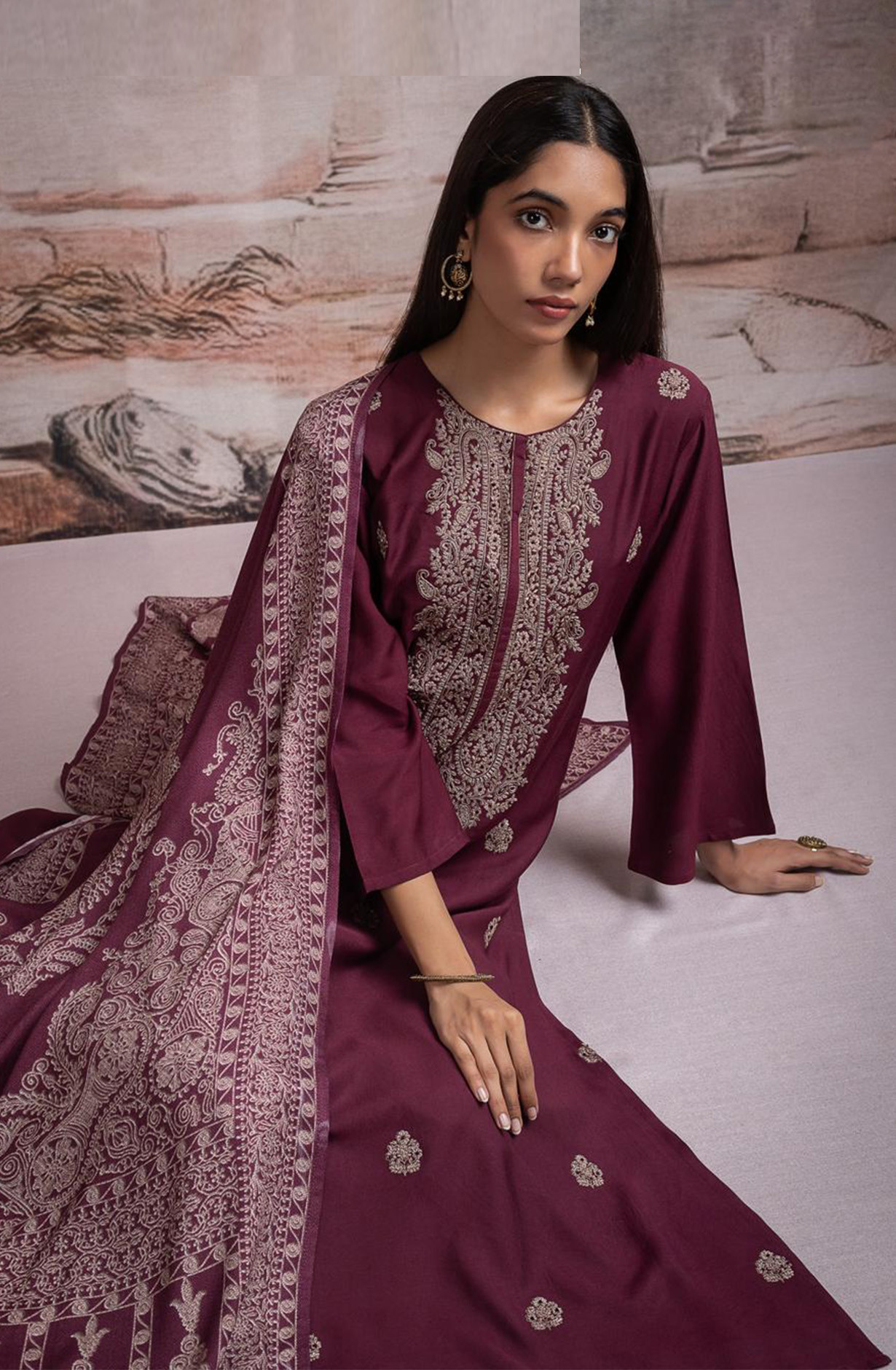Wine Pashmina Suit with Pashmina Dupatta - R157-SPR2484A
