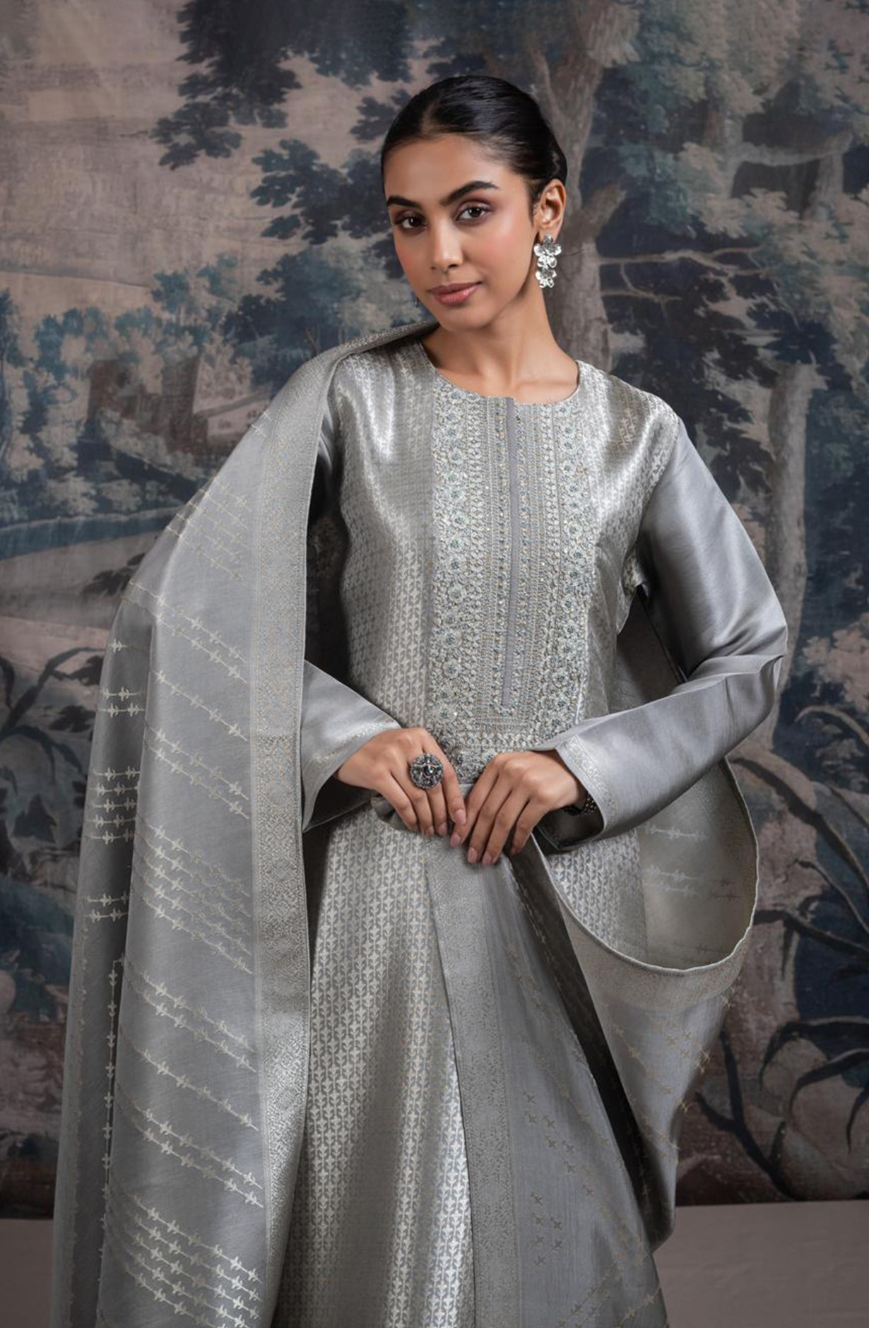 Grey Ziraf Silk Jacquard Suit with Dupatta - R157-SPR2518