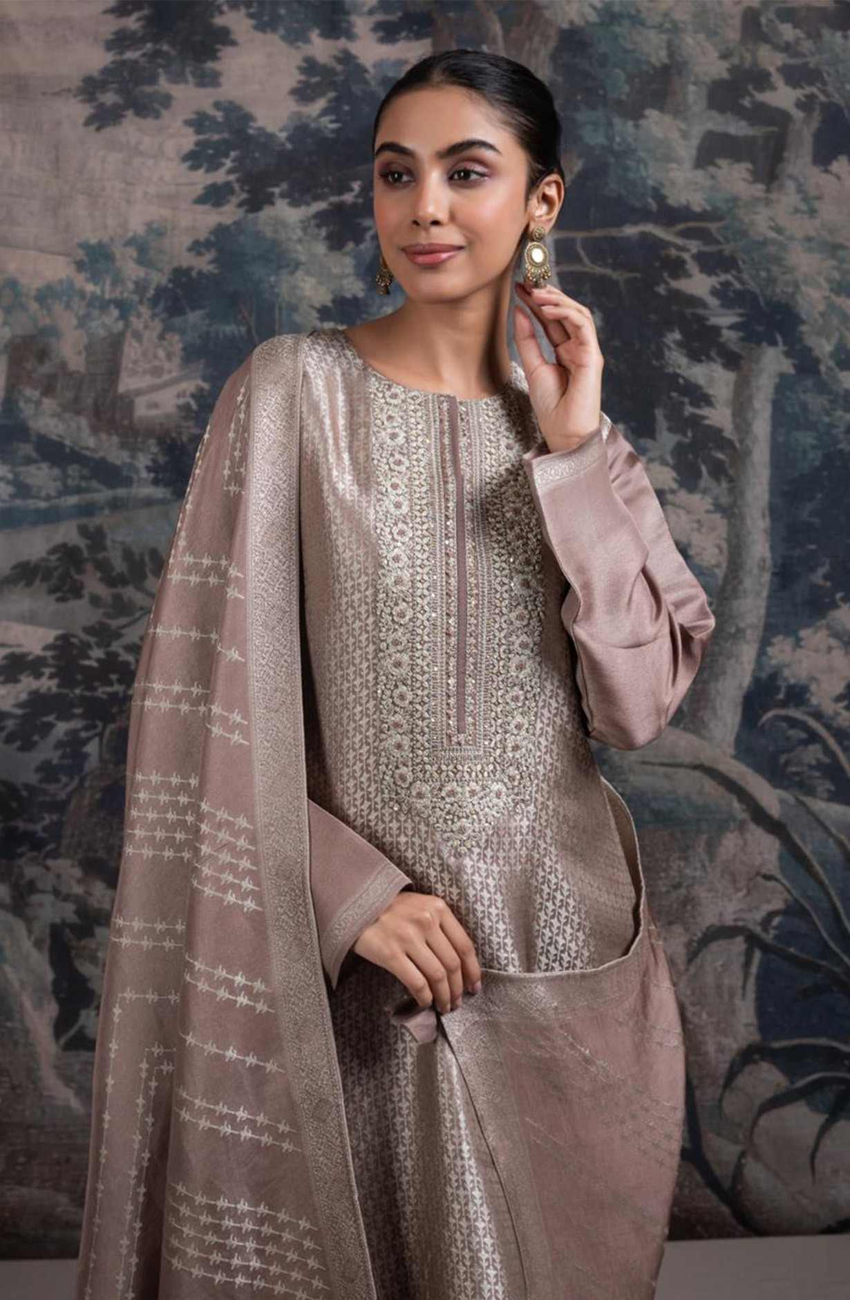 Brown Ziraf Silk Jacquard Suit with Dupatta - R157-SPR2518A