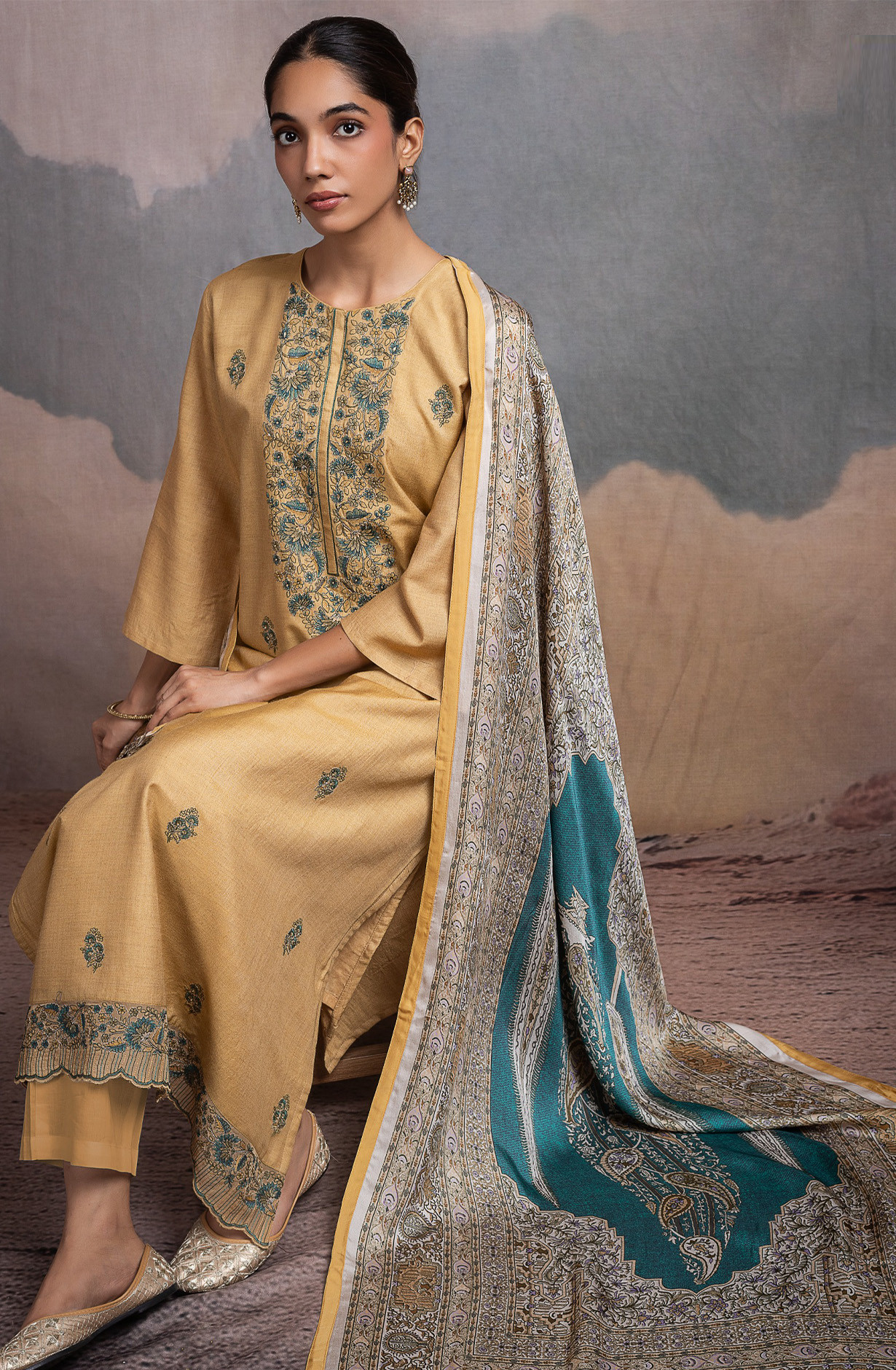 Mustard Pure Monga Tussar Silk Suit with Dupatta - R157-SPR2494A